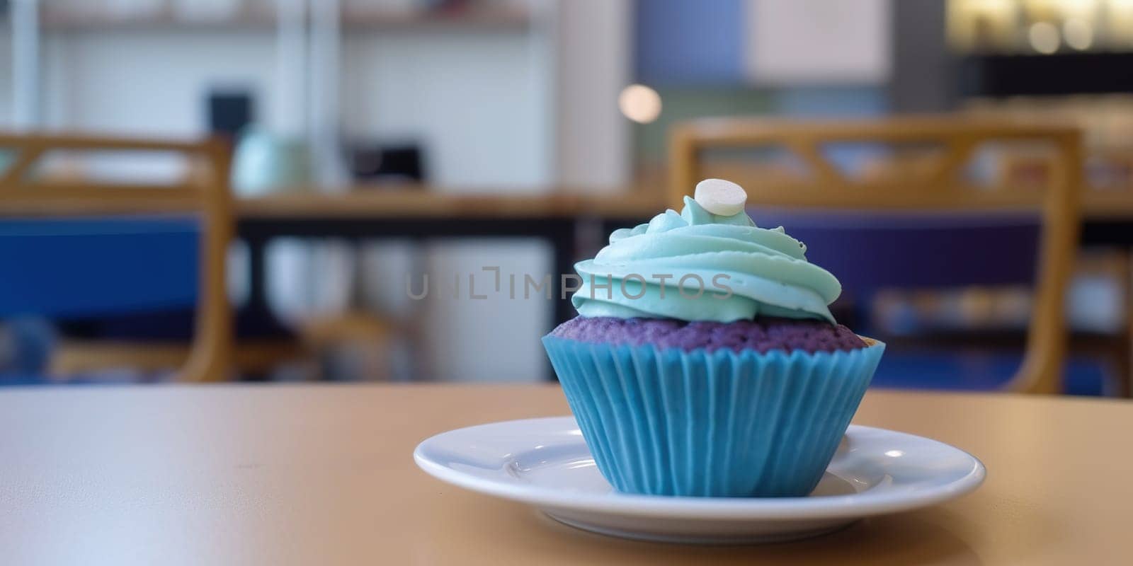 Close-up blue cupcake on a cafe table with blurred background by GekaSkr