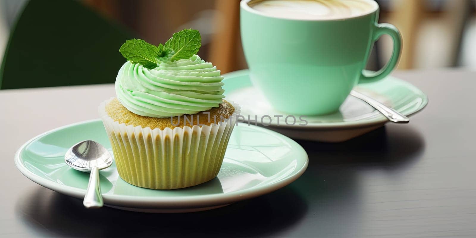 Close-up of a green cupcake with a cup of coffee on a cafe table with blurred background by GekaSkr