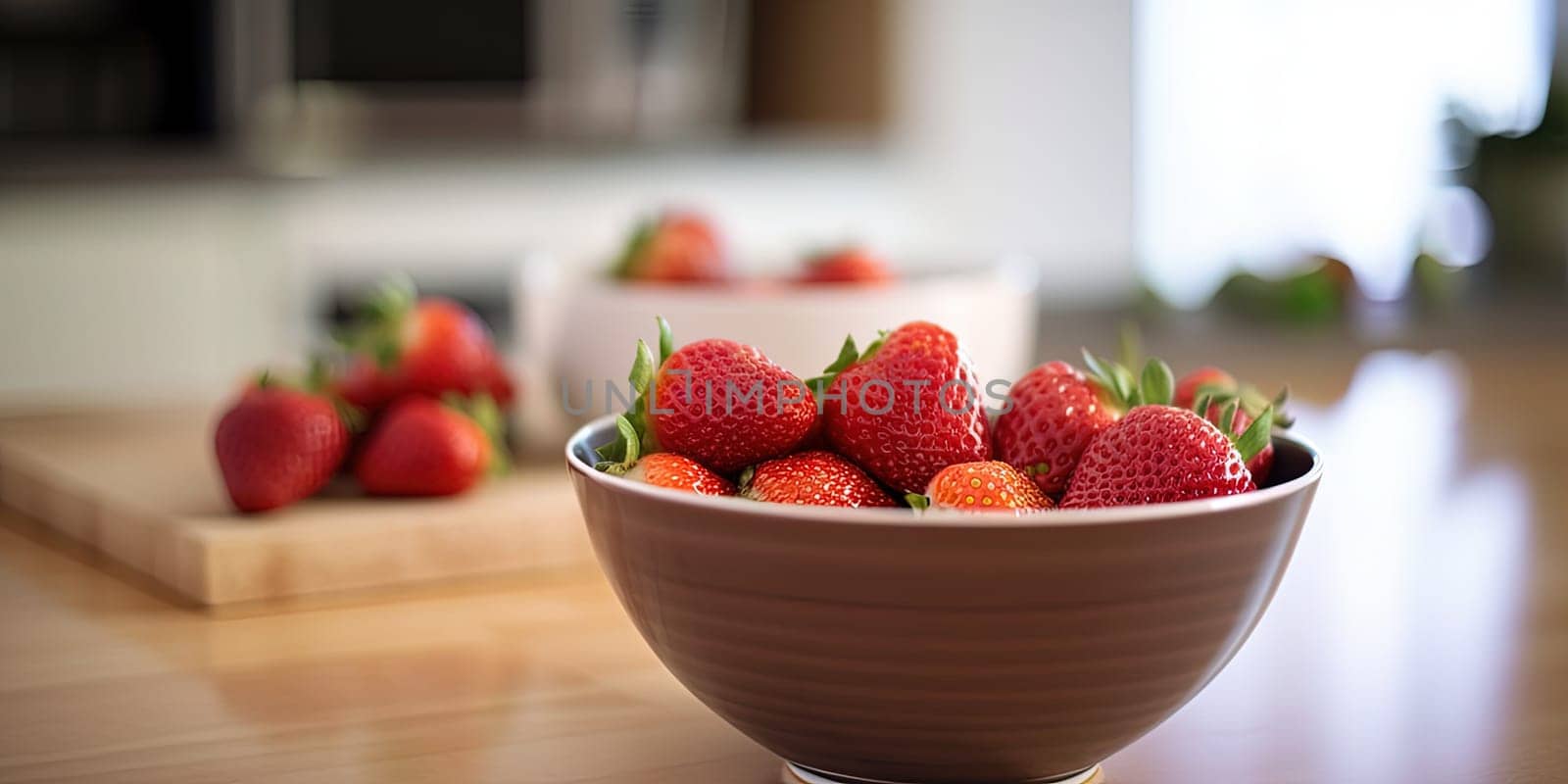 Strawberries in a bowl on the kitchen table with blurred background by GekaSkr