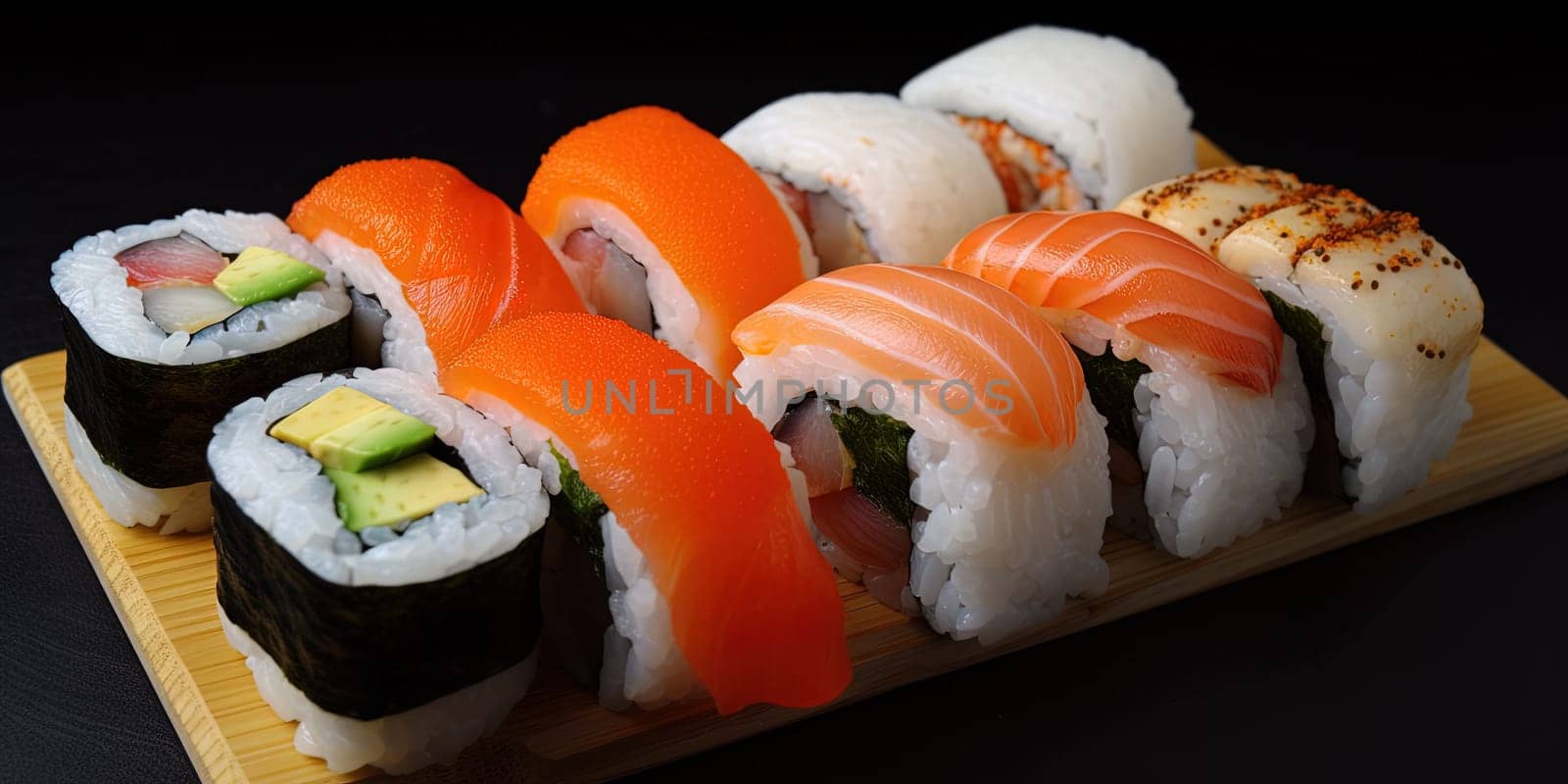 Sushi rolls on the cutting board on a black background by GekaSkr