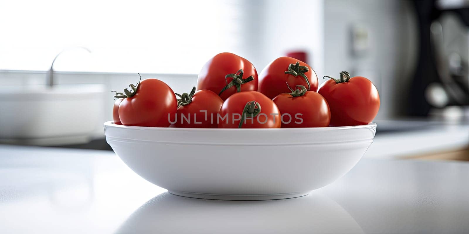 Tomatoes in a bowl on the kitchen table on a blurred background by GekaSkr