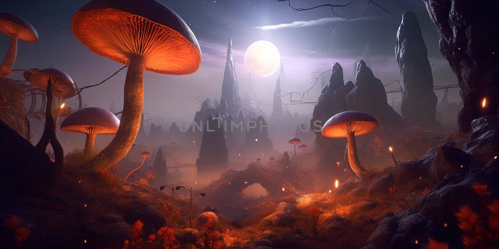 Illustration Fabulous Magic Mushrooms Lighting At Night Against Mountains by GekaSkr