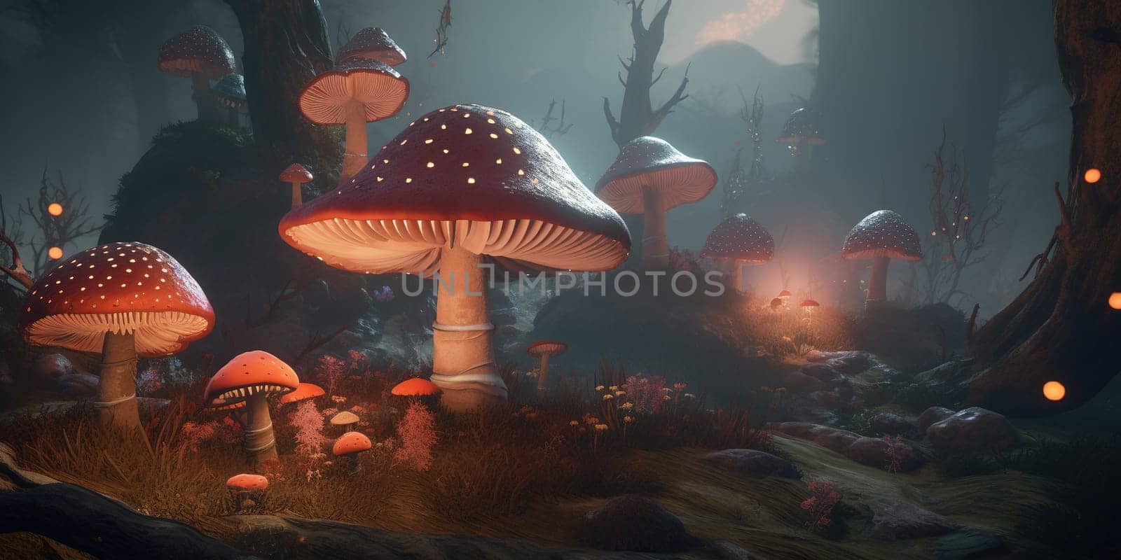 Illustration Fabulous Magic Mushrooms Lighting At Night by GekaSkr
