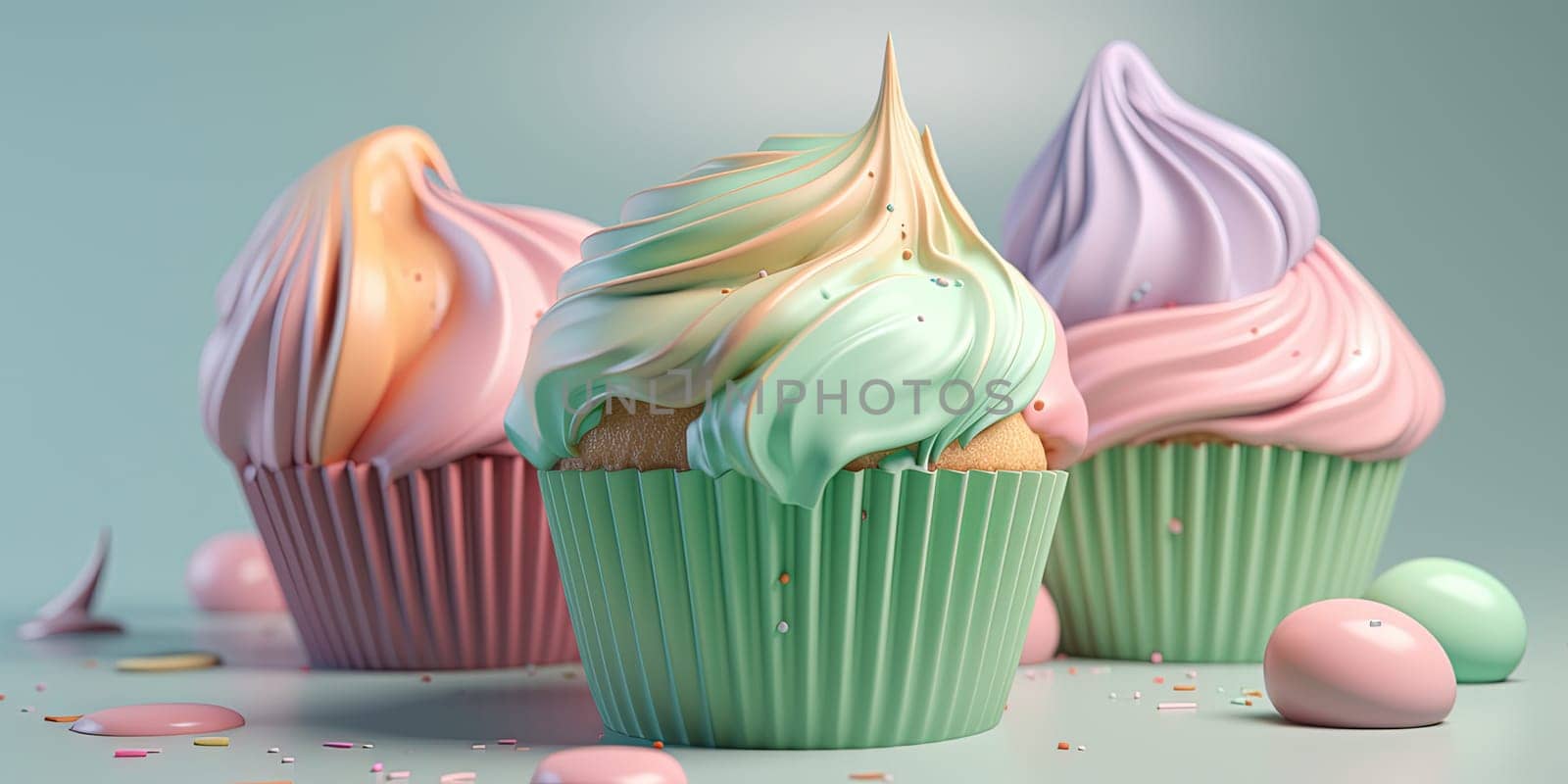 Close-up render of colorful cupcakes in pastel colors by GekaSkr