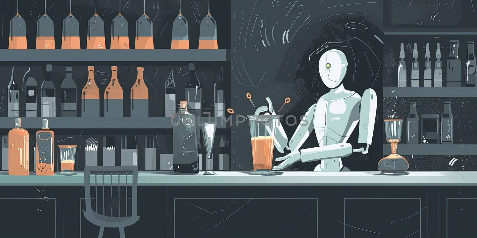 Android Robot Working Behind Bar Counter In Night Club by GekaSkr