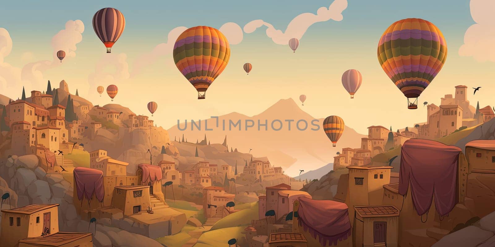 Magical Sunset View Of City In With Hot Air Balloons In The Sky by GekaSkr