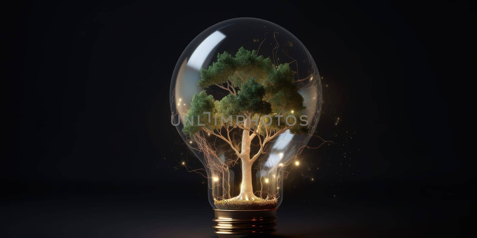 Electric Bulb With Growing Green Tree Inside On Black Background, Concept Of Ecological Problems In Our Life by GekaSkr
