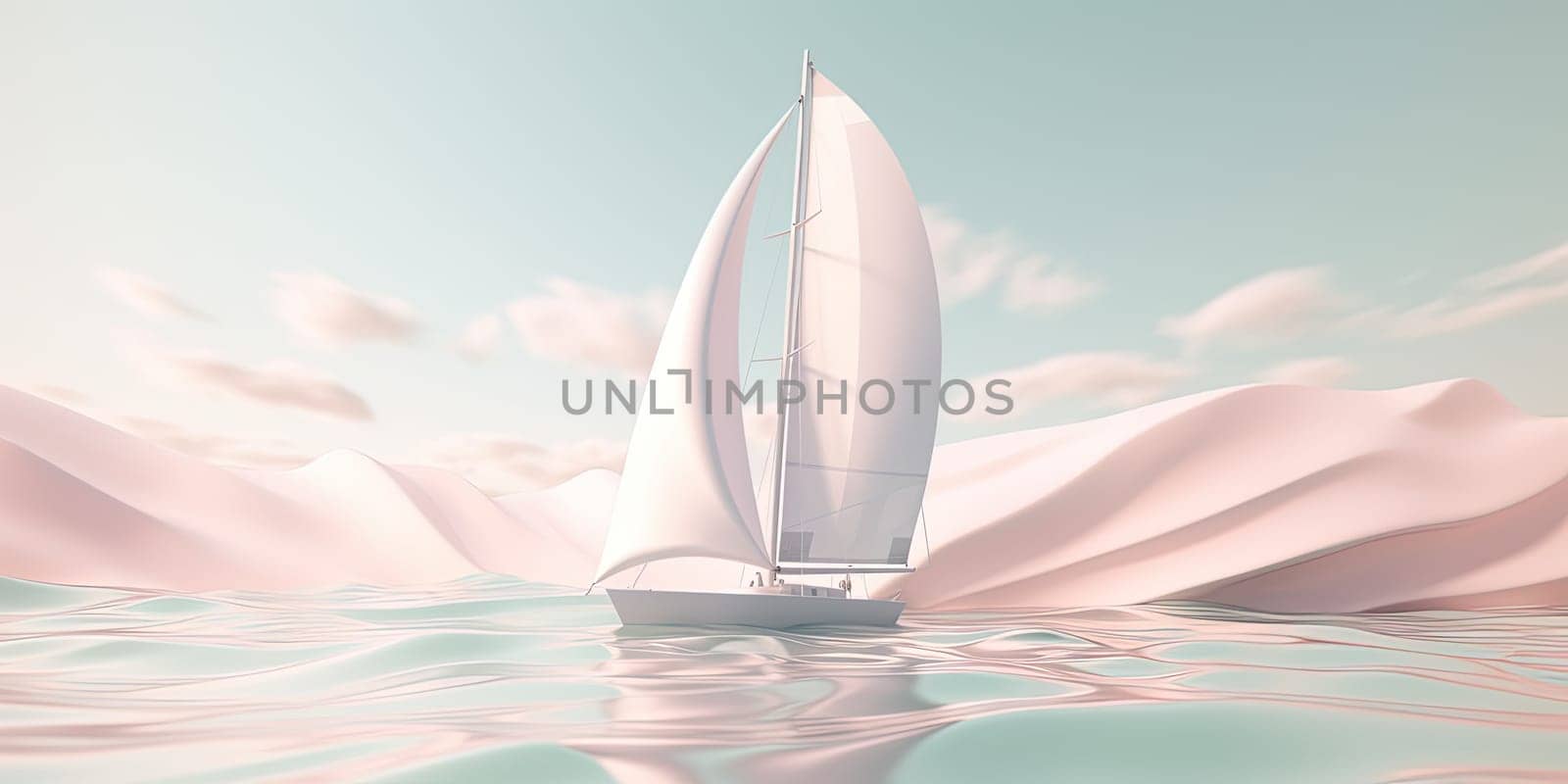 Illustration 3D Lonely Sailboat On The High Seas, In Pastel Colors by GekaSkr