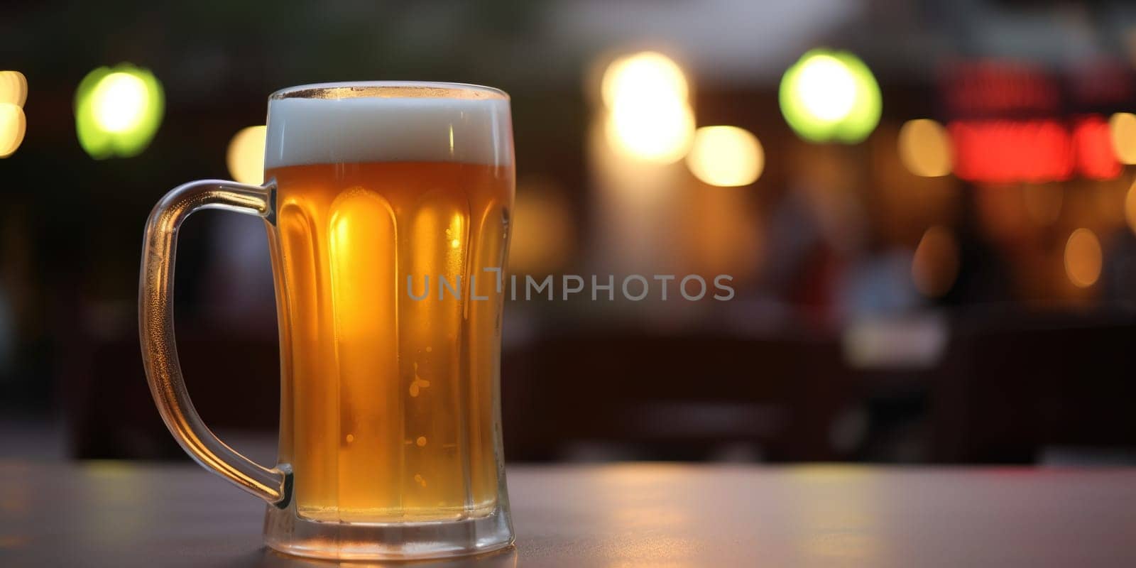 Mug of beer with foam on a bar counter with a blurred background by GekaSkr