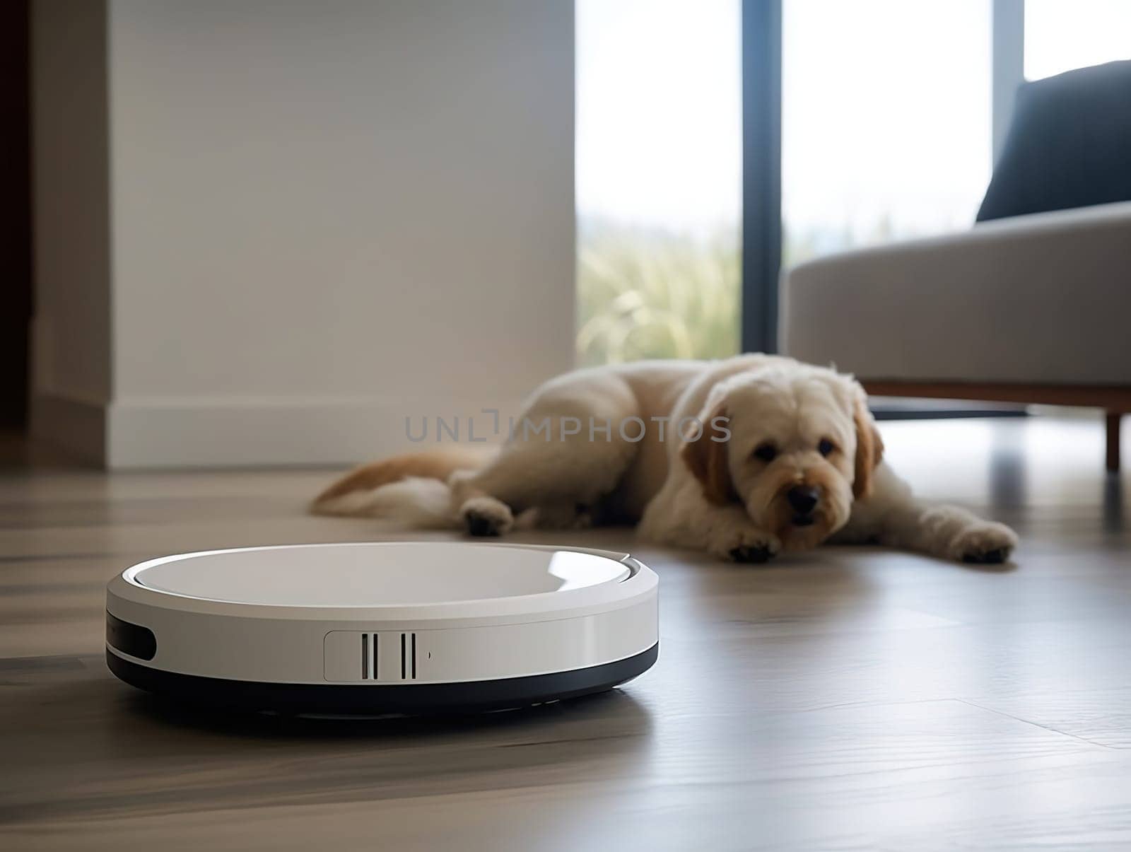 Cute dog and wireless vacuum cleaner cleaning a floor in a living room by GekaSkr