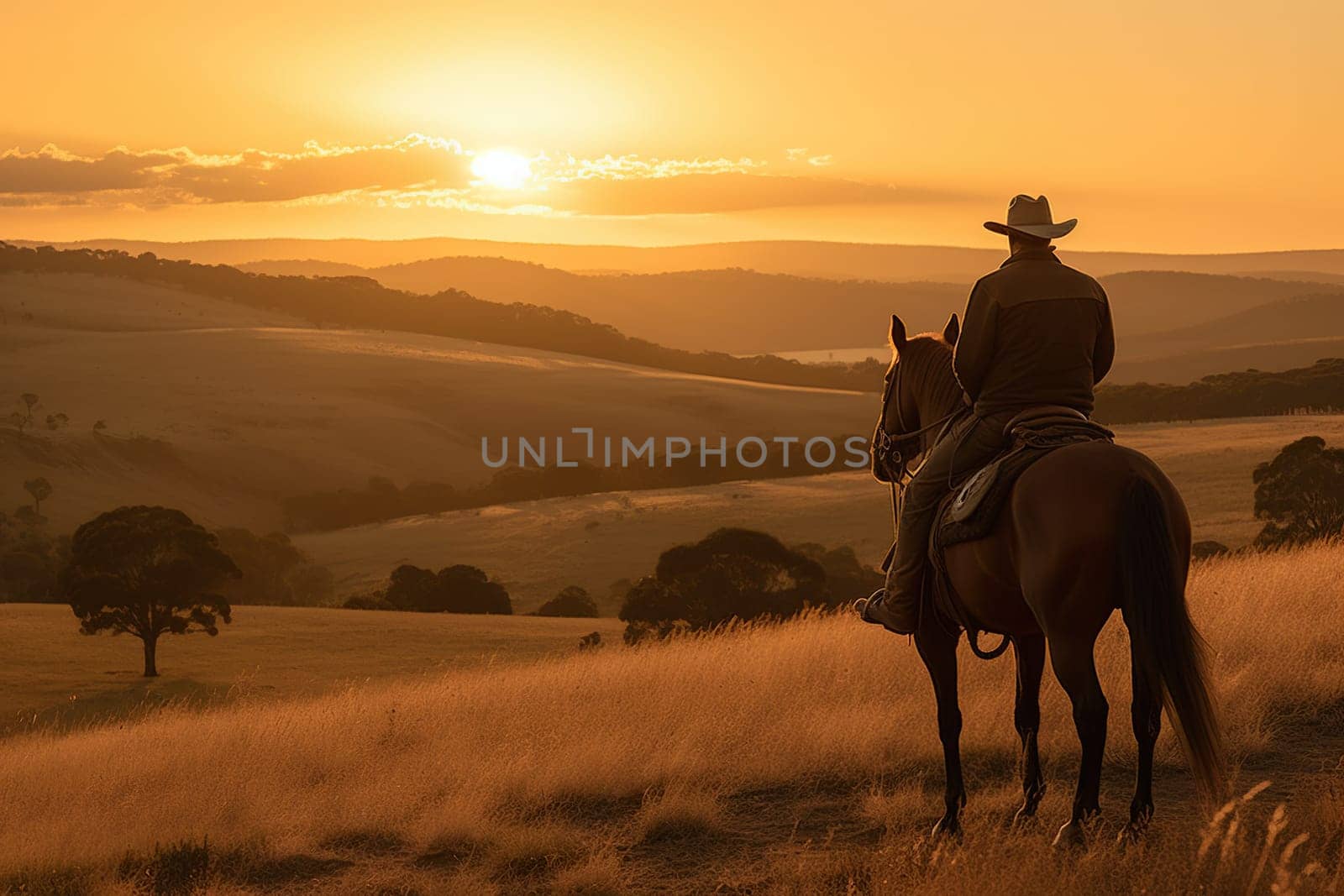 A Rider On Horseback Retreats Through Rolling Hills As The Sun Sets by GekaSkr