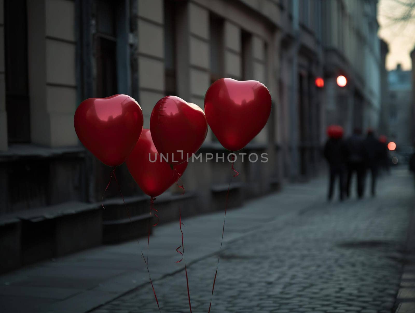 Red Air Balloons Flying On A Strings In S Center Of City, Valentine'S Day Concept by GekaSkr