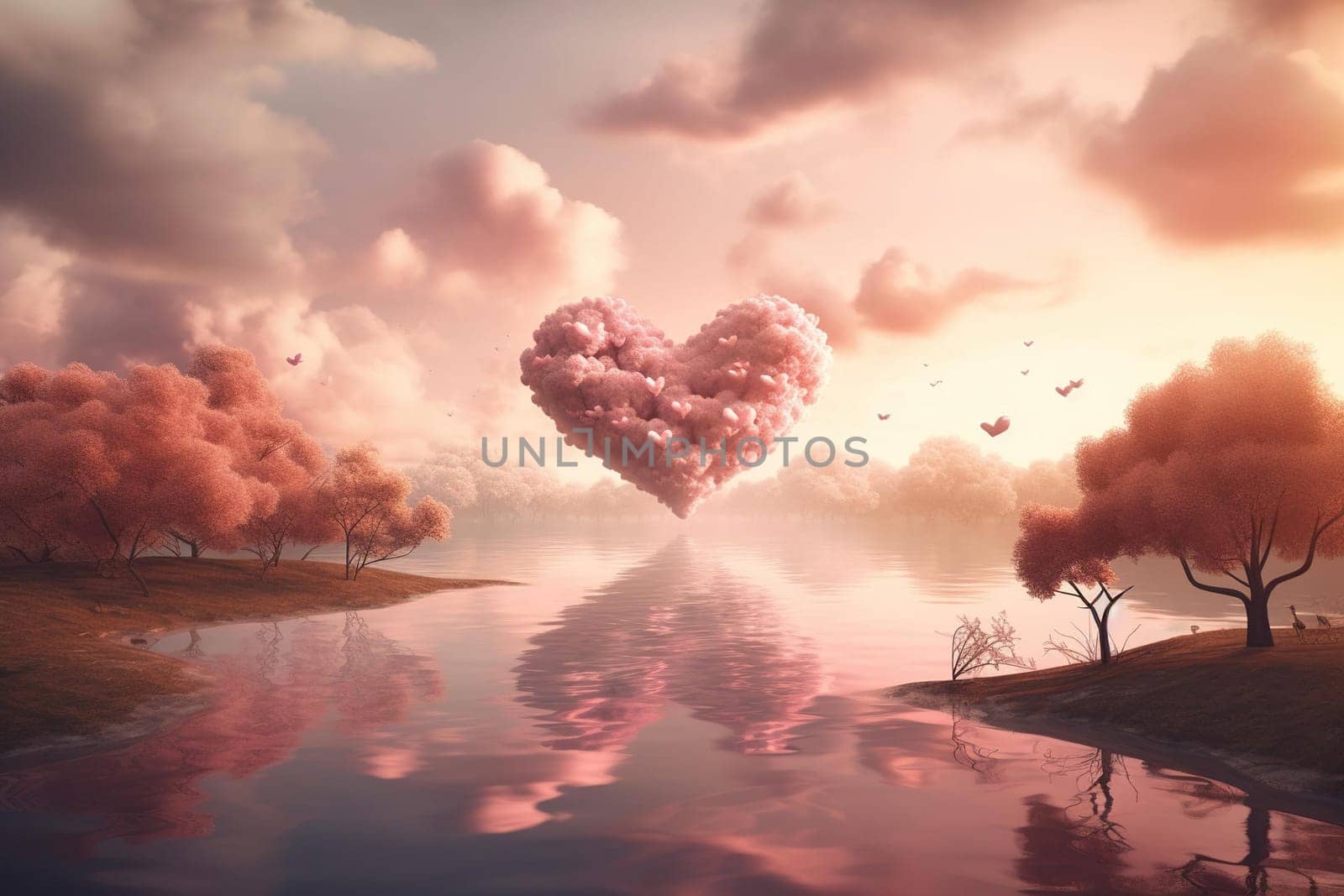 Illustration Landscape With Big Pink Heart, Valentine'S Day Concept In Pink Colors by GekaSkr