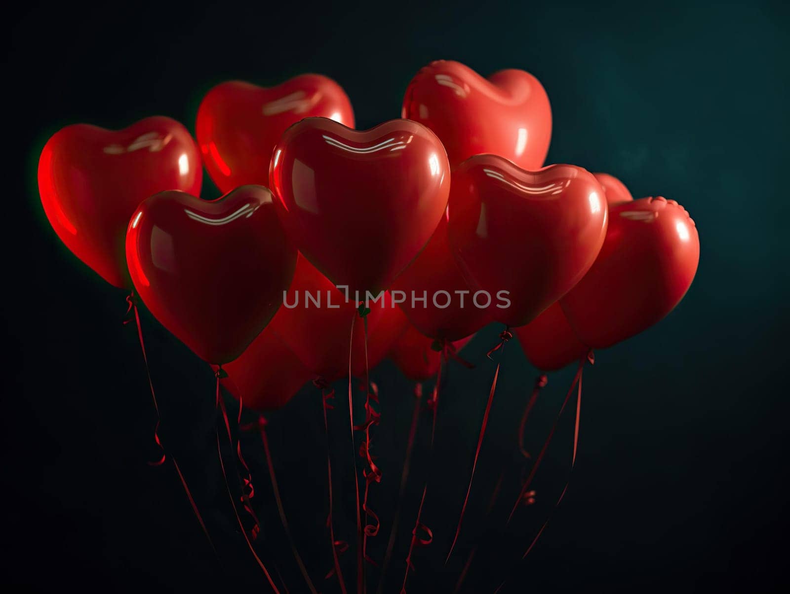 Red Air Balloons Flying On A Strings, Gift For Valentine'S Day On A Black by GekaSkr