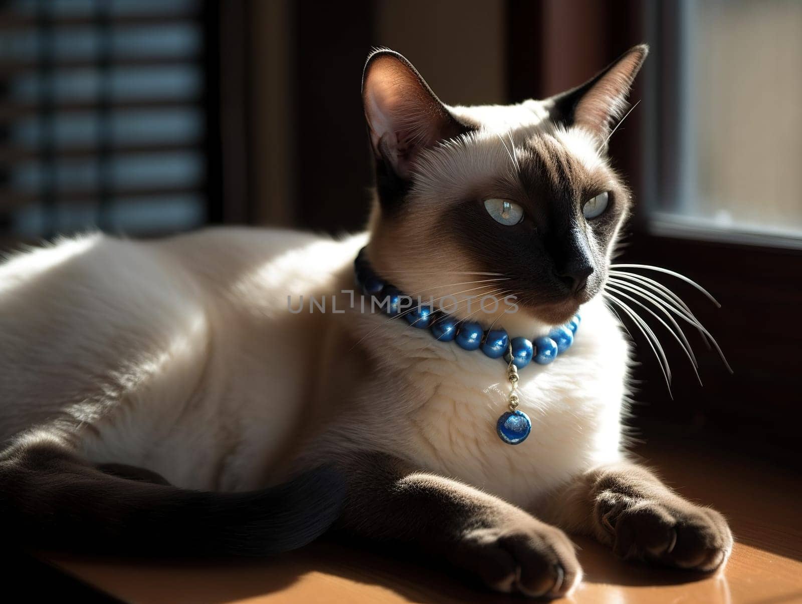 Adorable Siamese Cat With Beads Around The Neck At Home by GekaSkr