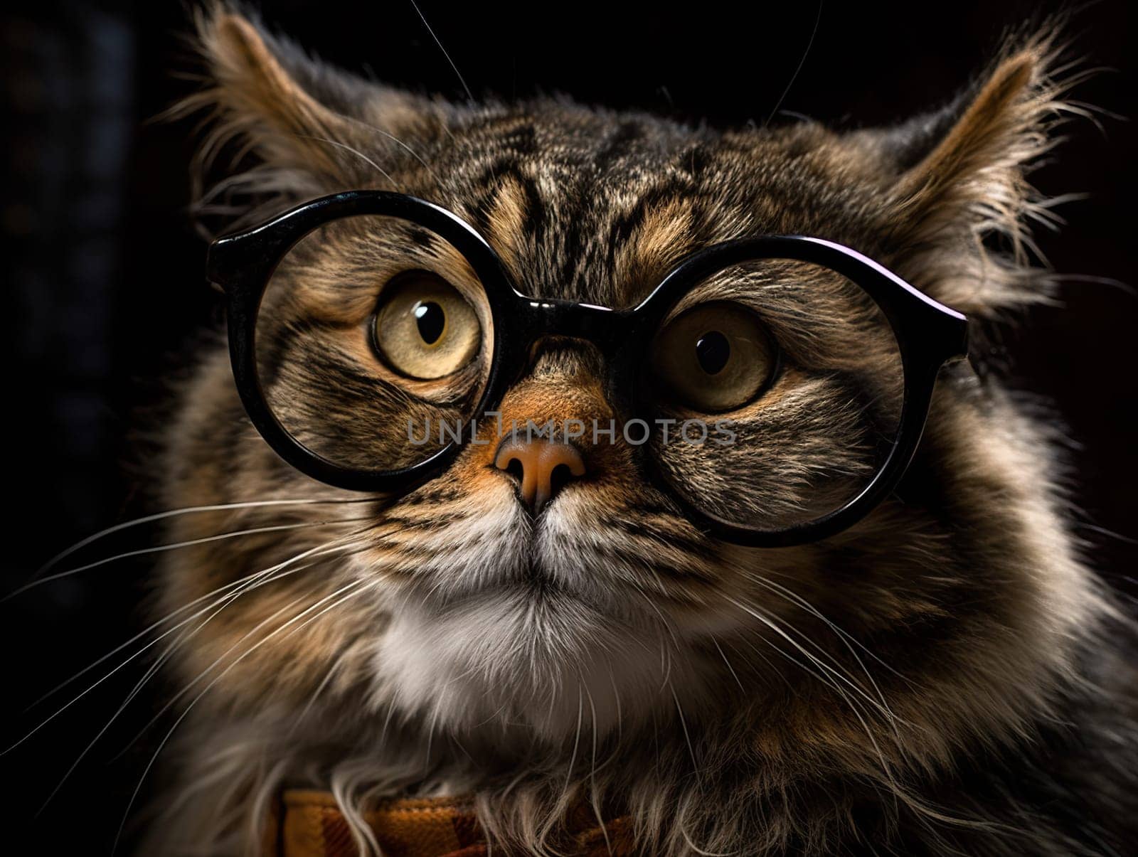 Smart Cat In Glasses On Black Background , Concept Of Curiosity And Intelligence by GekaSkr