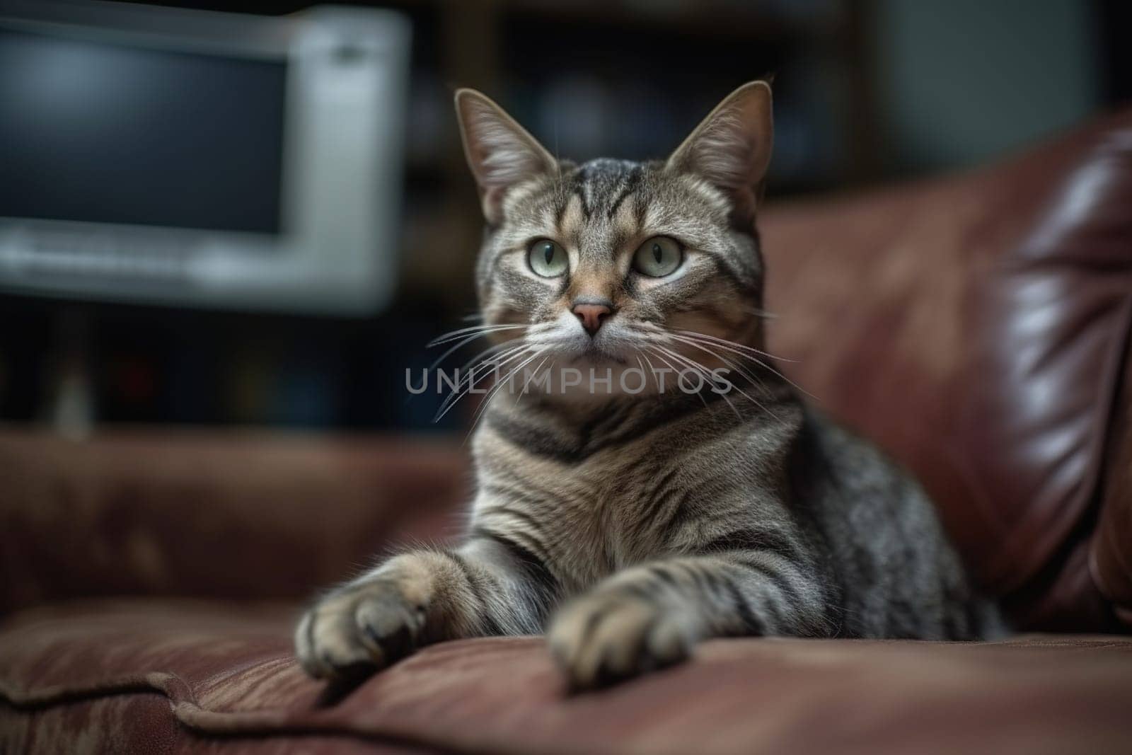 Cat Watches Tv While Sitting In A Comfortable Chair, Adorable Pet In Cozy Room by GekaSkr