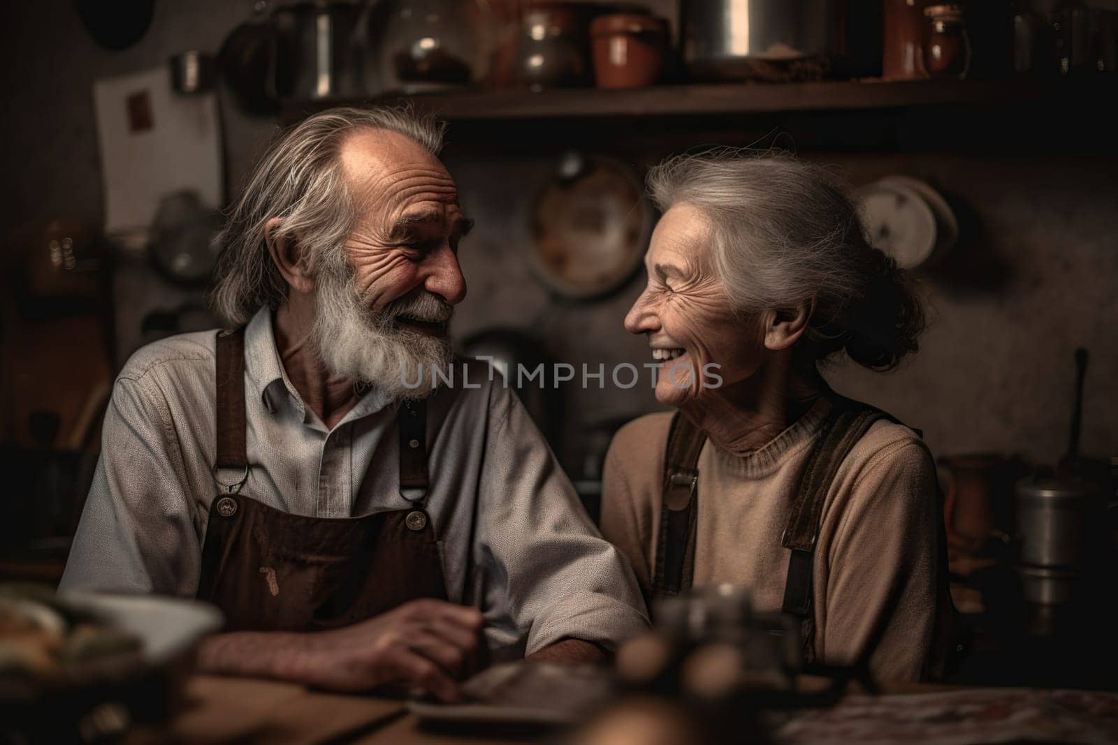 Elderly Couple Smiling In Old Kitchen, Concept Of Happiness In Old Age by GekaSkr