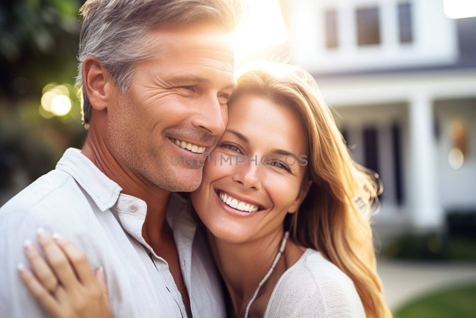 Smiling Couple Happy Hugging Near Big House, Smiling Couple Hugging by GekaSkr