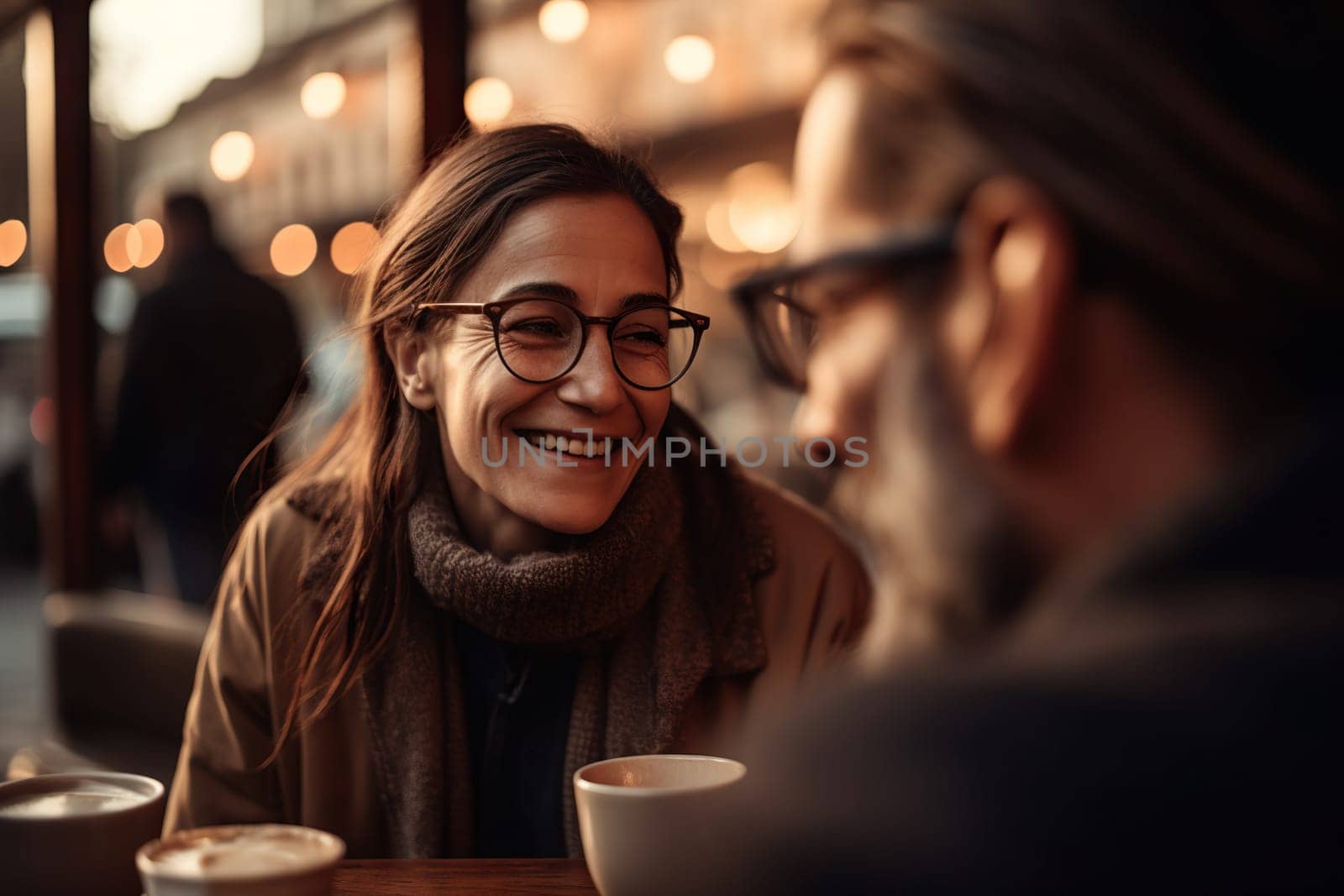 Elderly Smiling Couple Drinking Coffee In A Night City, Middle-Age Dating by GekaSkr