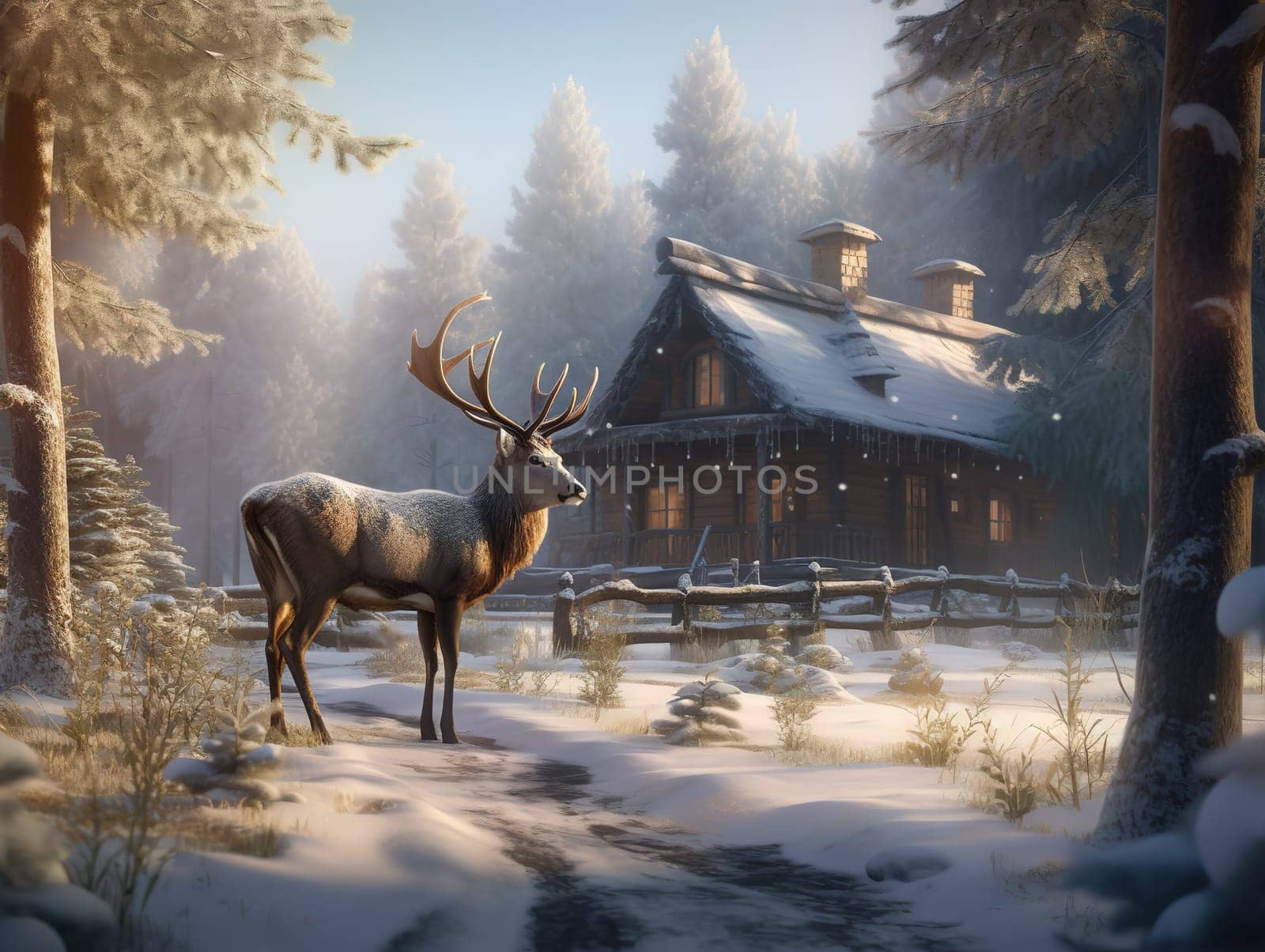 Reindeer In A Winter Forest Near A House On Christmas Is A Serene Sight by GekaSkr