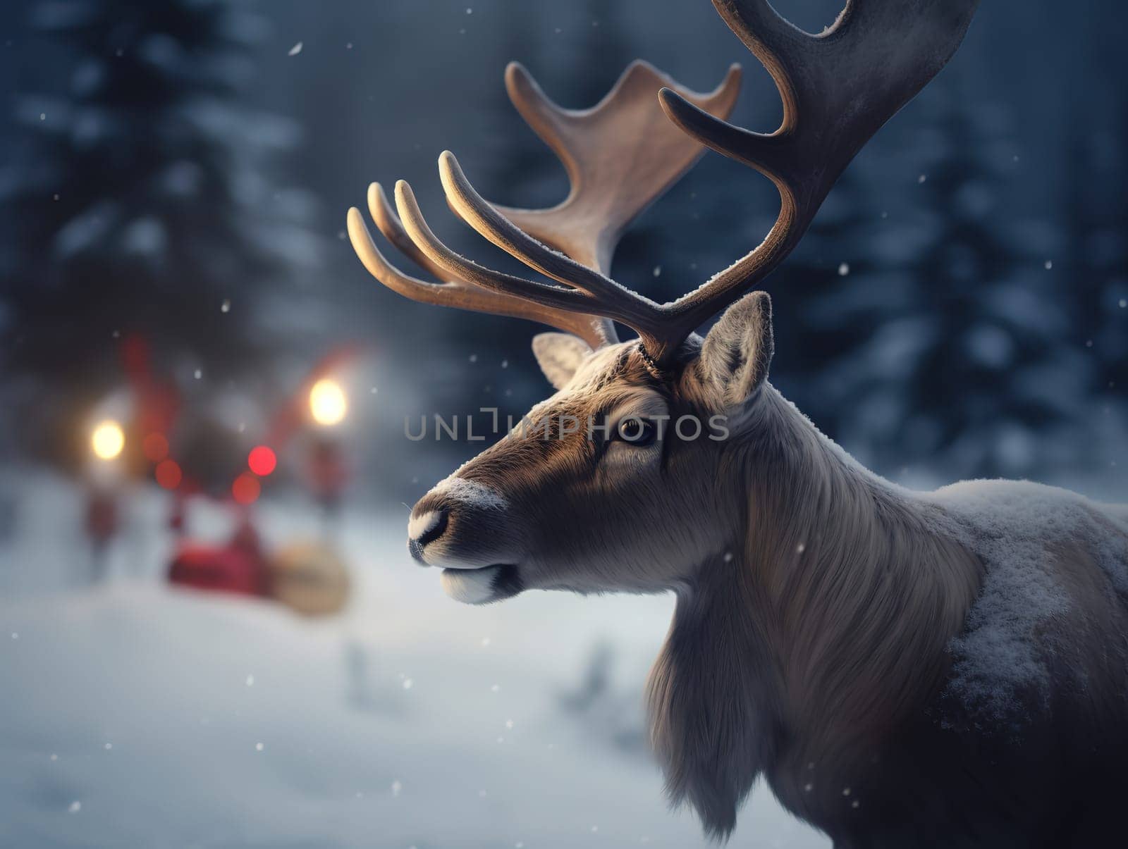 Deer In A Winter Forest, Surrounded By Festive Lights In The Evening, Creates A Magical Scene by GekaSkr