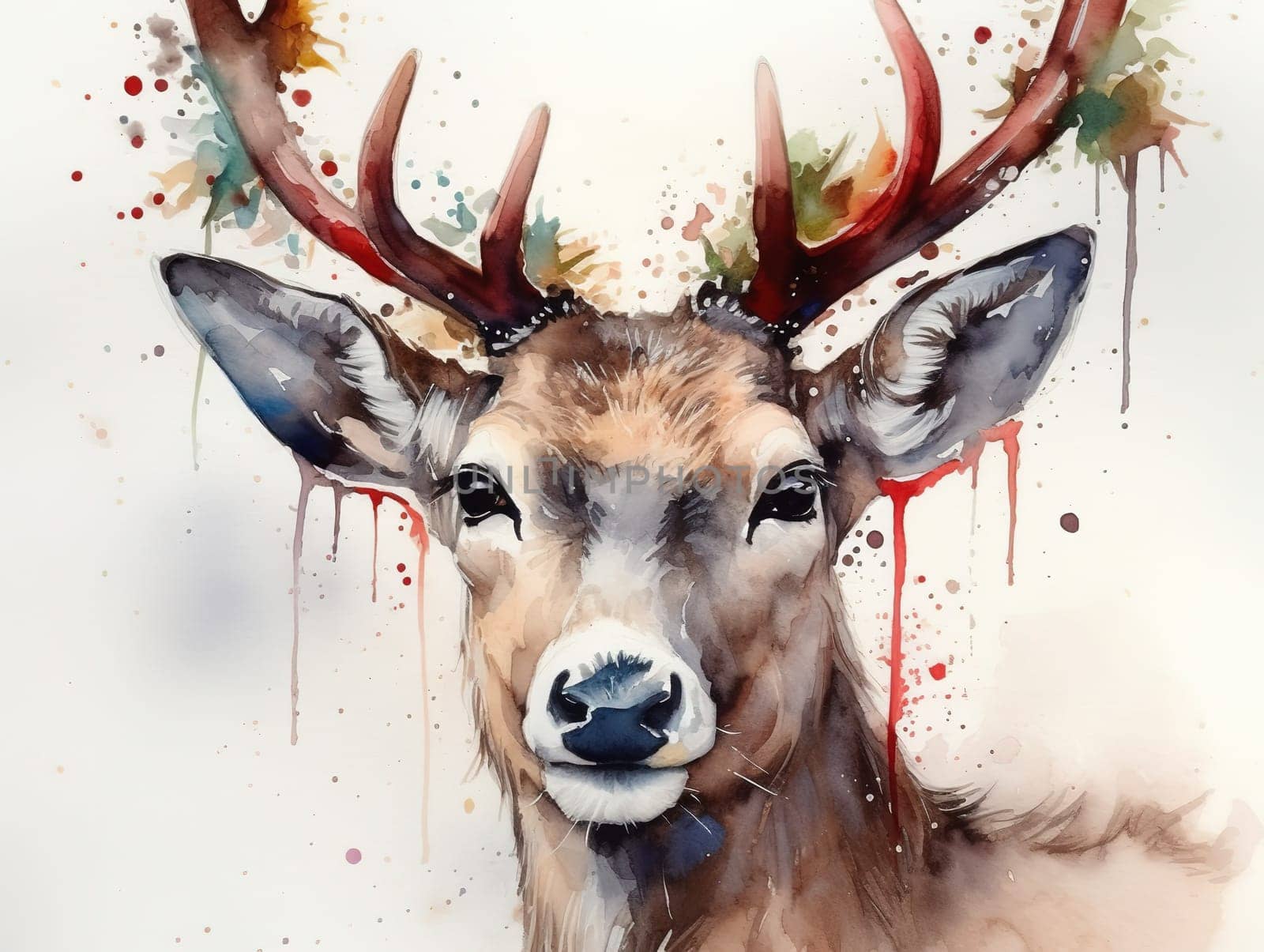 Christmas Deer Watercolor Illustration Portrays A Festive Reindeer In A Unique Artistic Style by GekaSkr