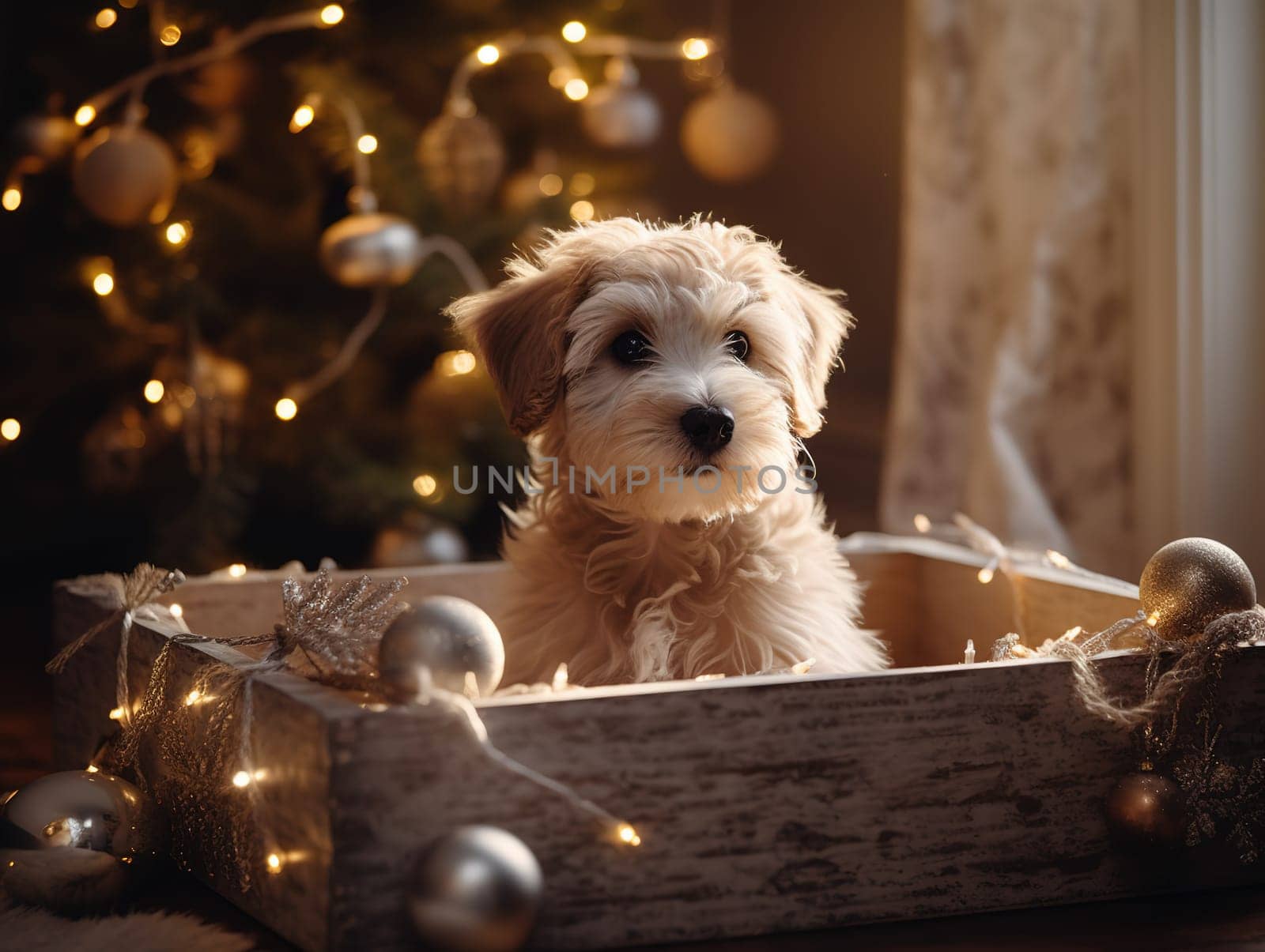 Puppy Sits In Box As New Year Gift Under Christmas Tree by GekaSkr