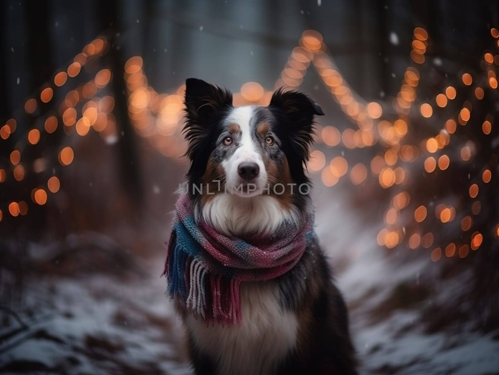 Cute Dog In Scarf Sits In Winter Forest With Garlands In Background by GekaSkr