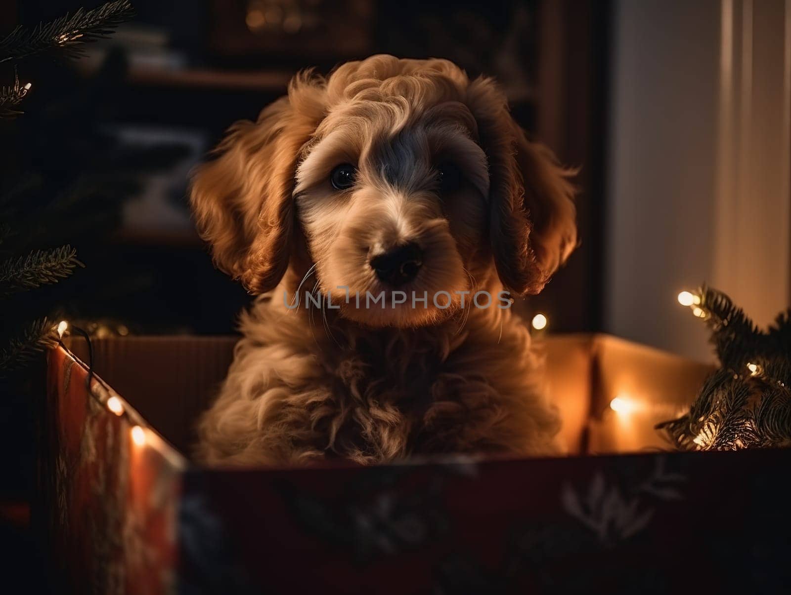 Puppy Sits In Box As New Year Gift Under Christmas Tree by GekaSkr