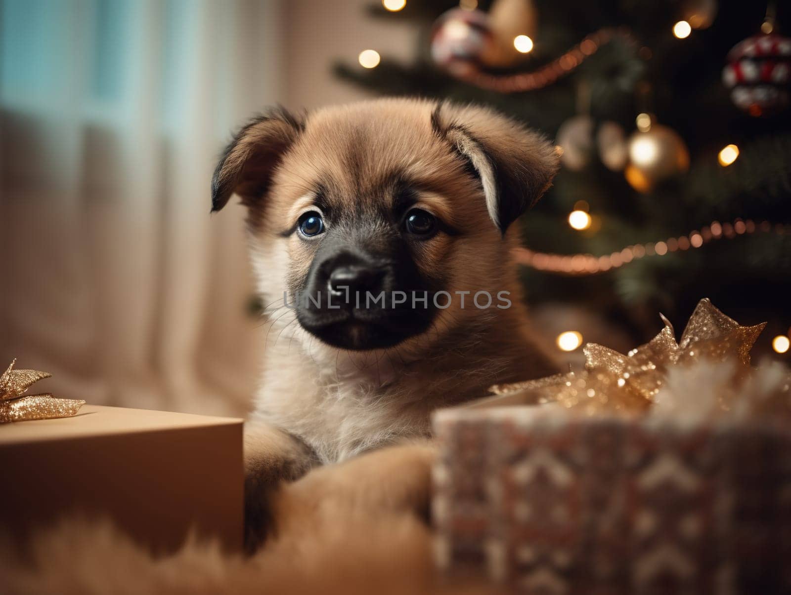 Puppy Sits Near Christmas Tree With Gifts In Room by GekaSkr