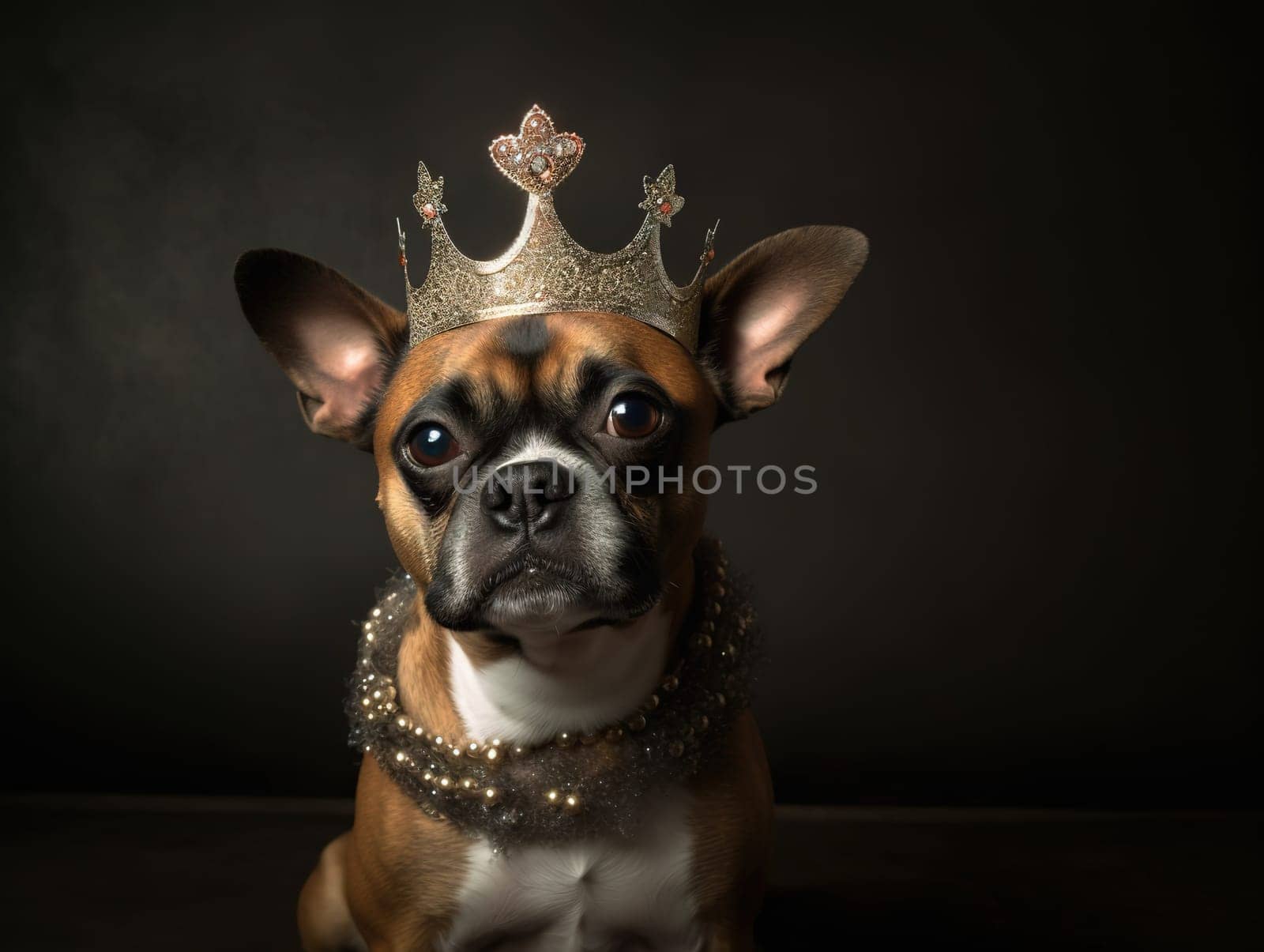 Dog In Carnival Crown Sits On Blurred Background Of Living Room by GekaSkr