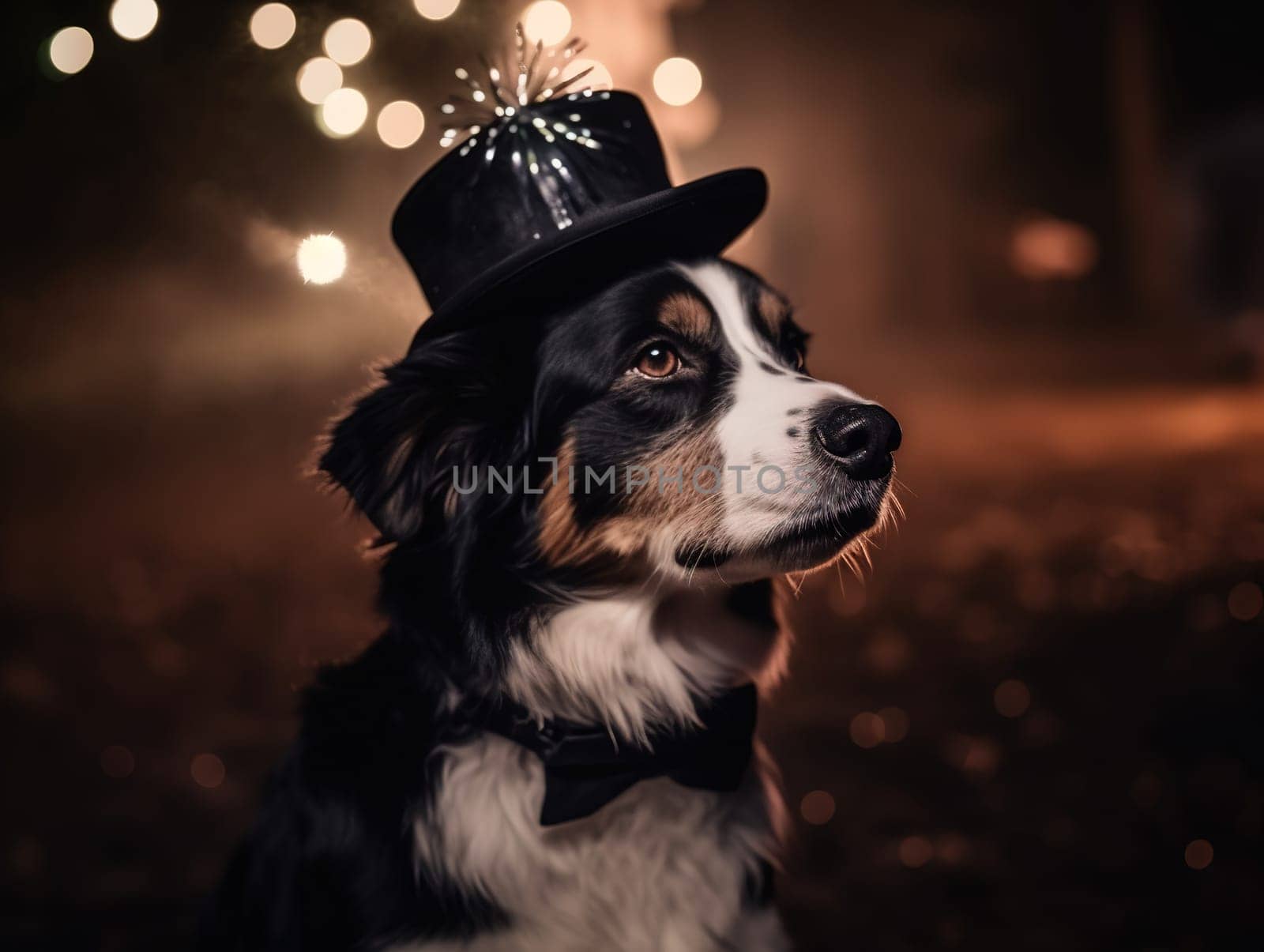 Carnival Hat Wearing Dog Sits Against Blurred Living Room Background by GekaSkr