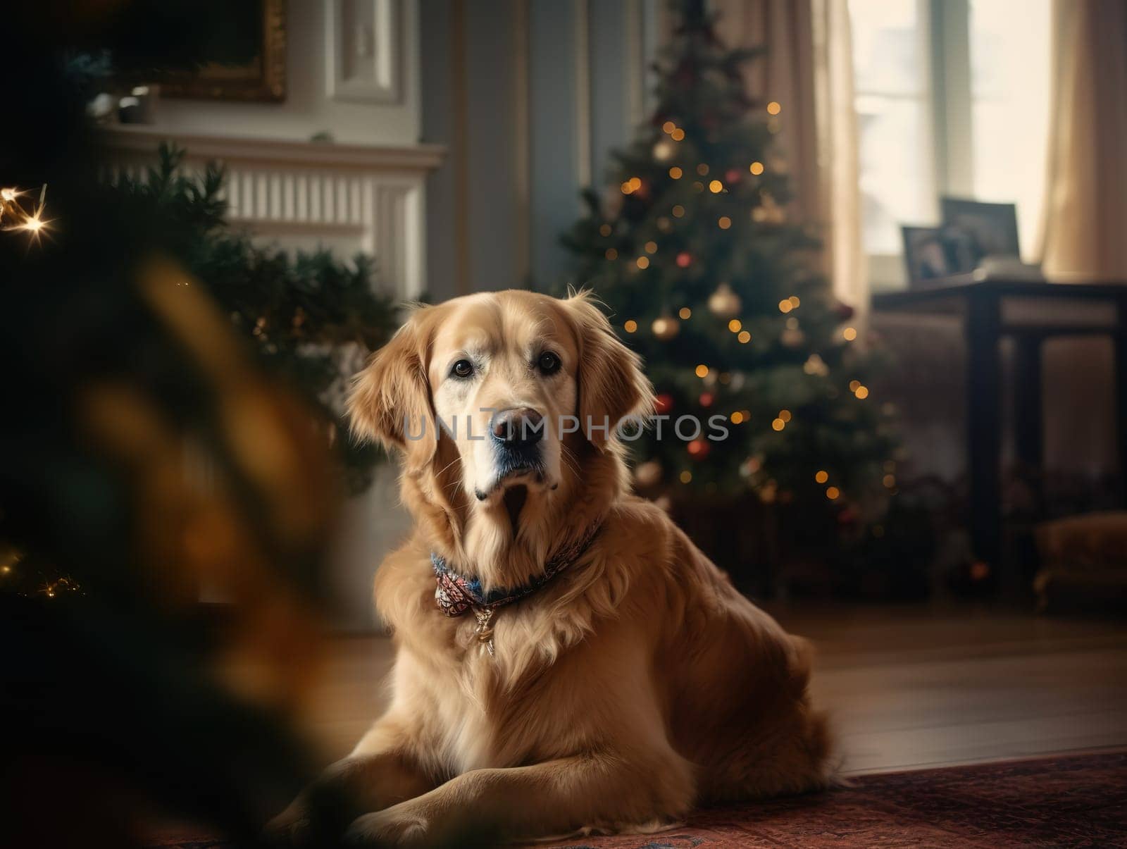 Dog Sits In Room Decorated For Christmas by GekaSkr