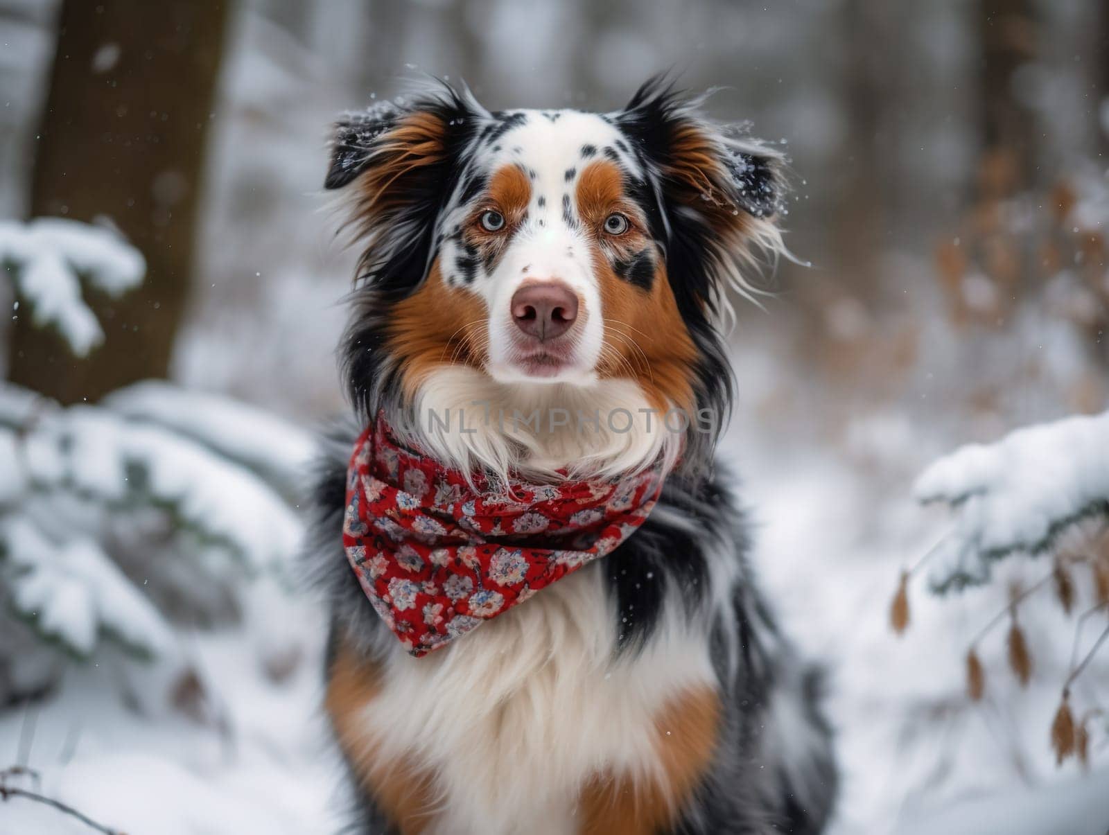 Cute Dog Sits In Winter Forest Wearing Scarf by GekaSkr