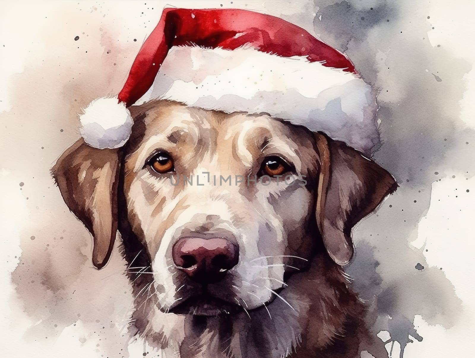 Watercolor Portrait Of A Dog Showcases A Labrador In A Santa Hat, Beautifully Painted In Watercolor by GekaSkr
