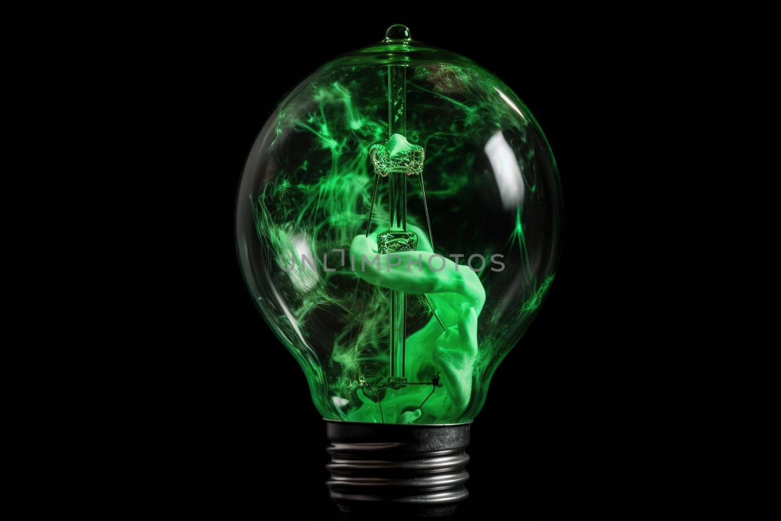 Electric Bulb With Green Smoke Inside On Black Background, Concept Of Ecological Problems Of Our Planet by GekaSkr