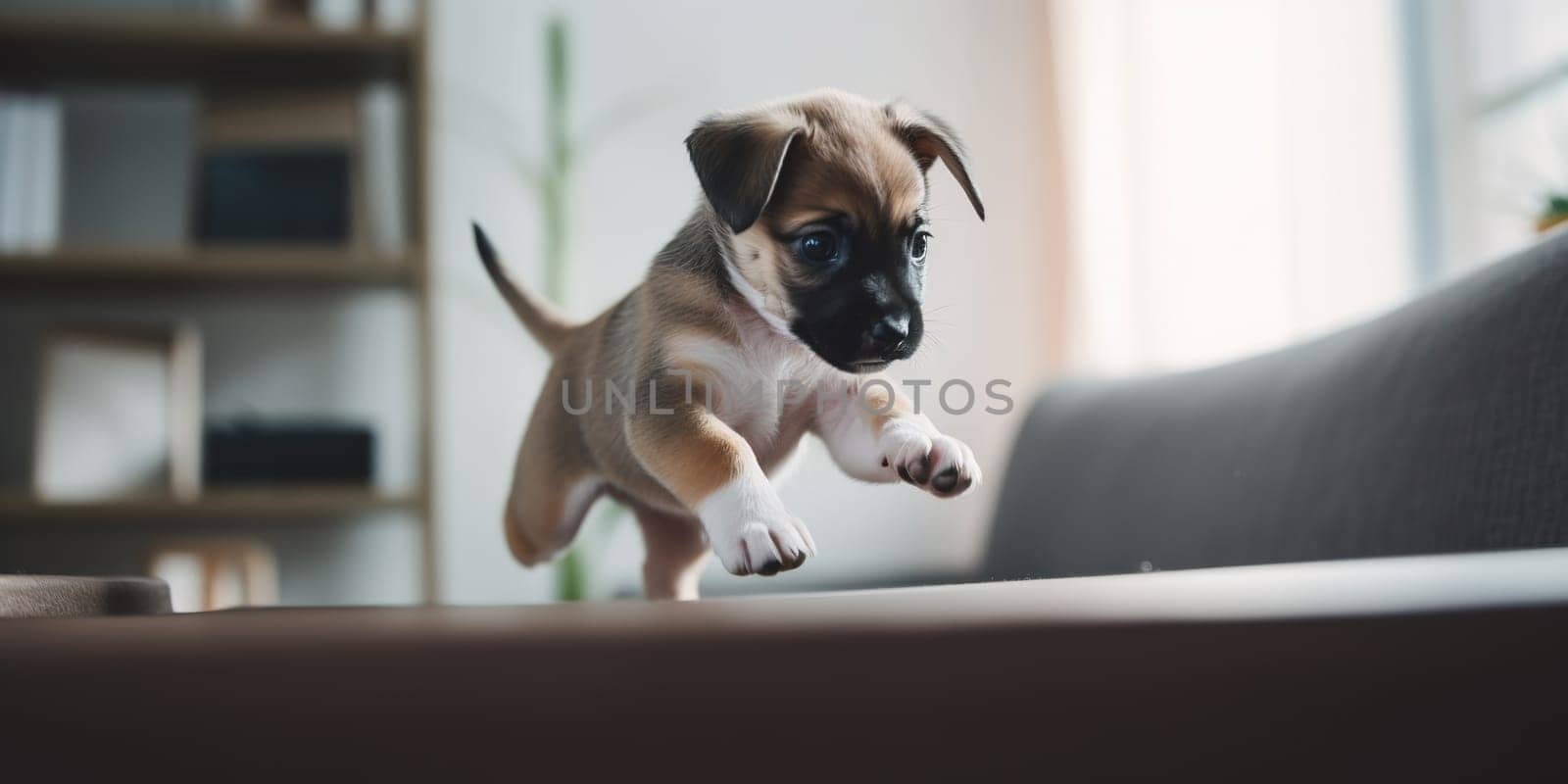 Puppy Jack Russell Terrier jumping on the couch at home by GekaSkr