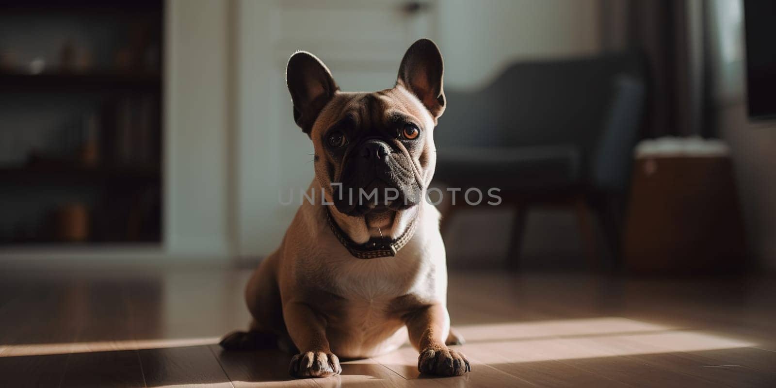 French bulldog dog lying on the floor in living room, close-up by GekaSkr