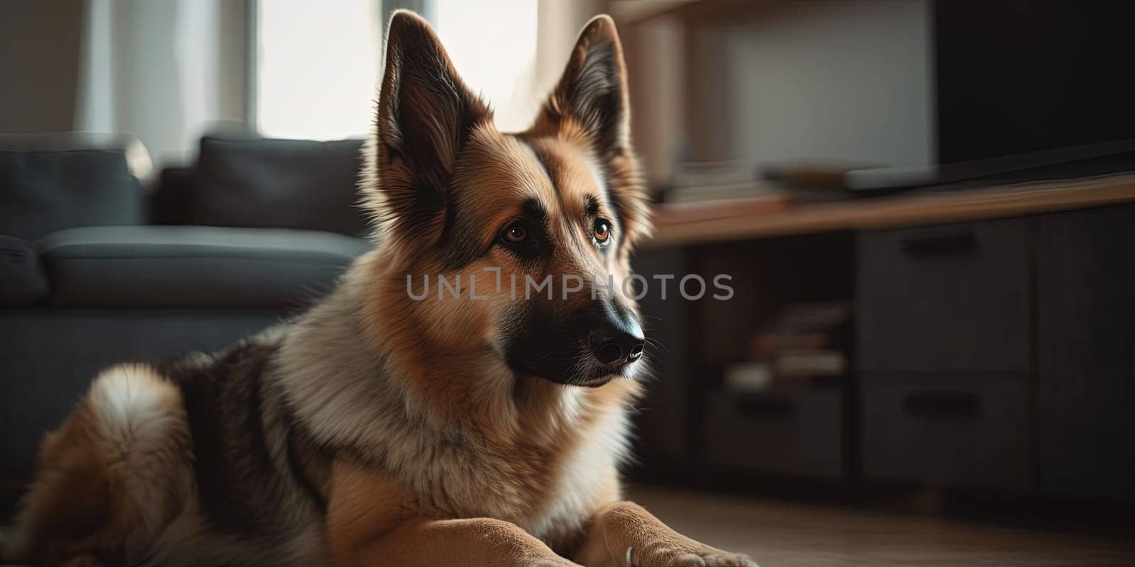 German Shepherd lying on the floor in living room , close-up by GekaSkr