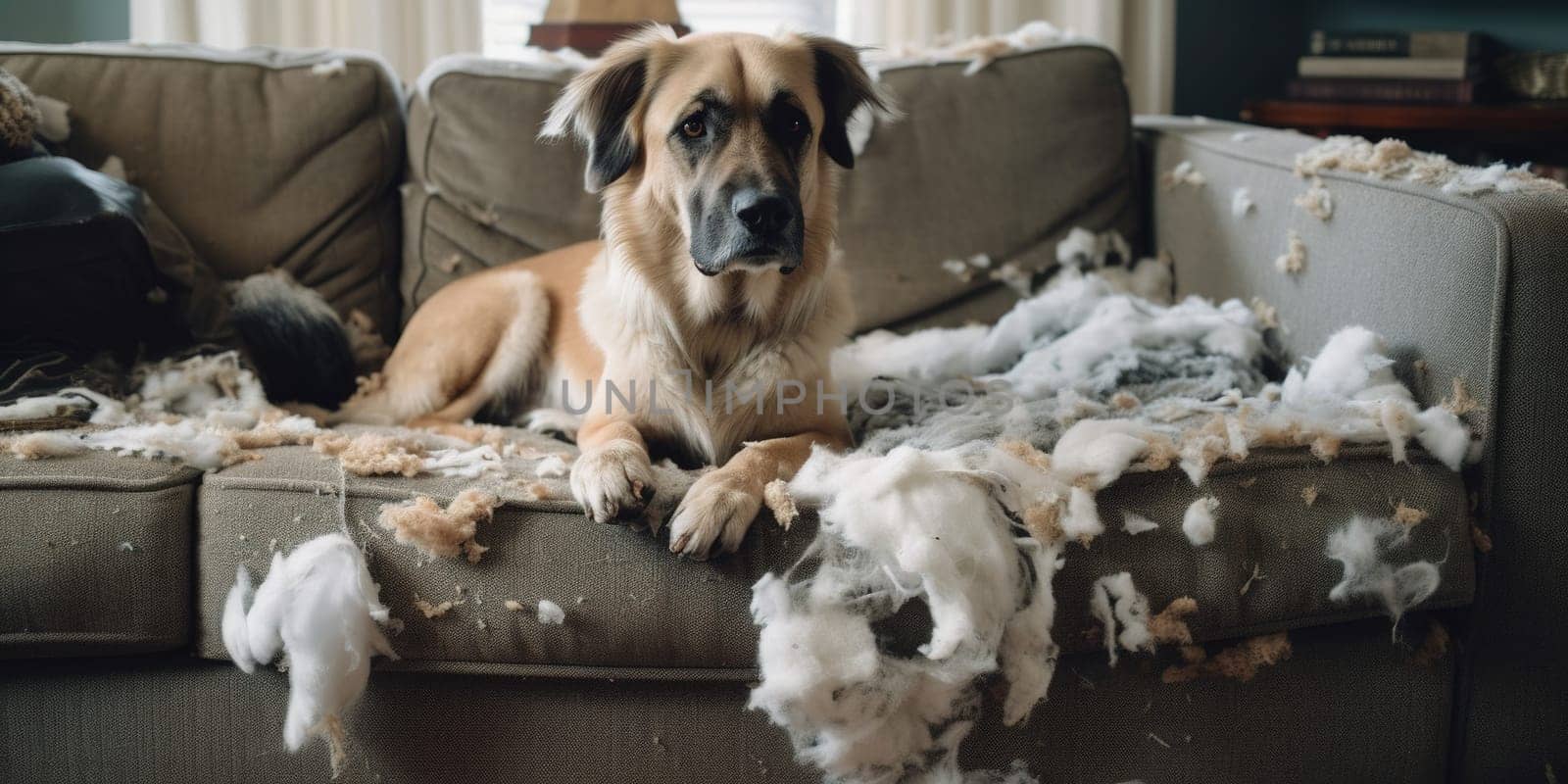 Anatolian Shepherd Dog sitting on a torn coach in living room, got caught doing mess by GekaSkr