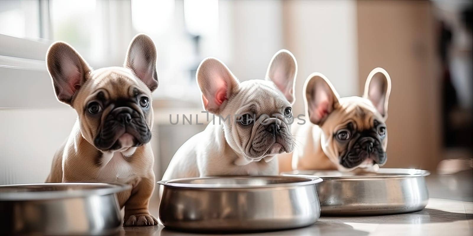 Three puppies sitting in front of their food bowls, close-up by GekaSkr