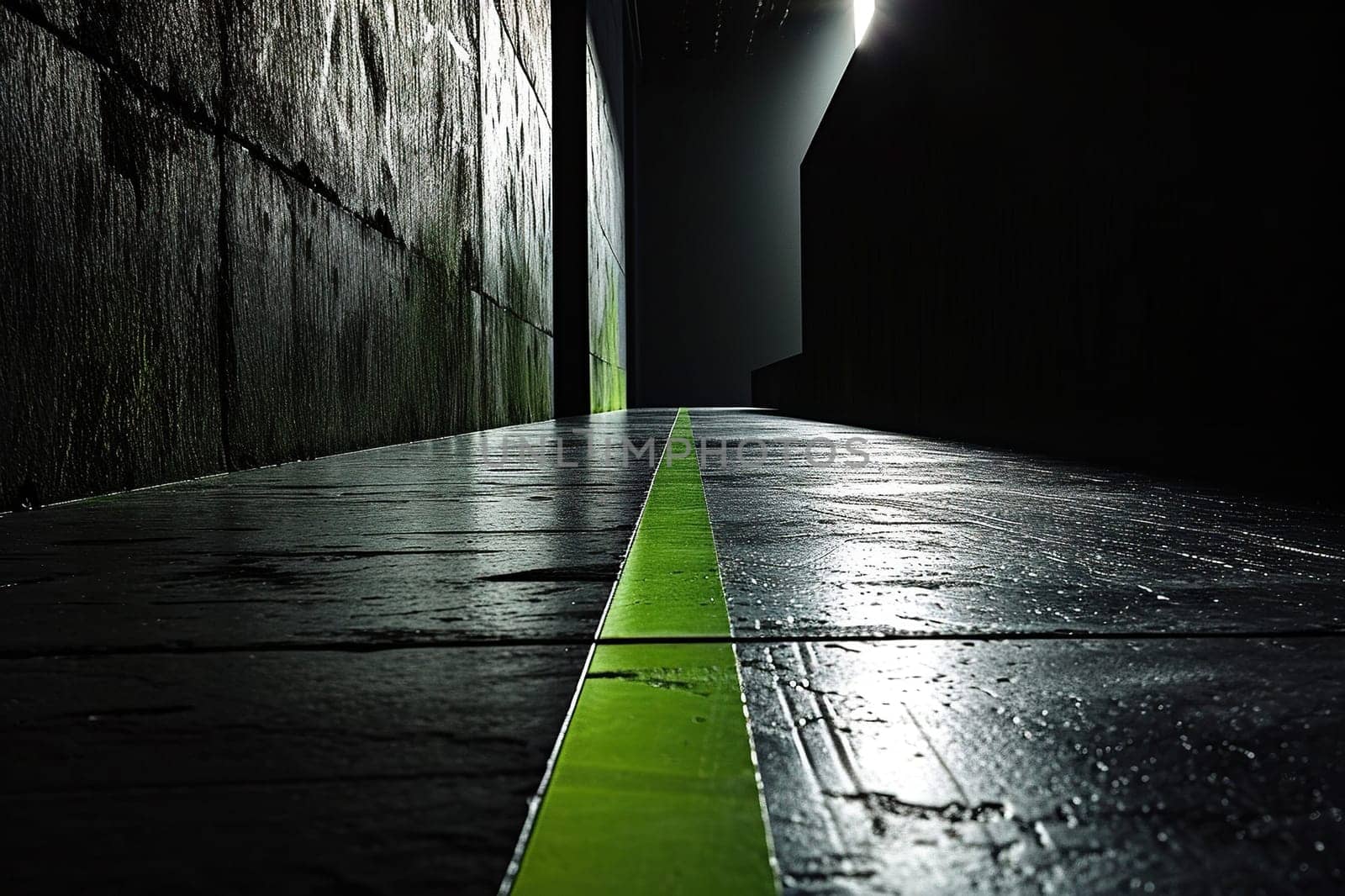 Empty dark concrete grunge corridor with a green stripe on the floor. Generated by artificial intelligence by Vovmar