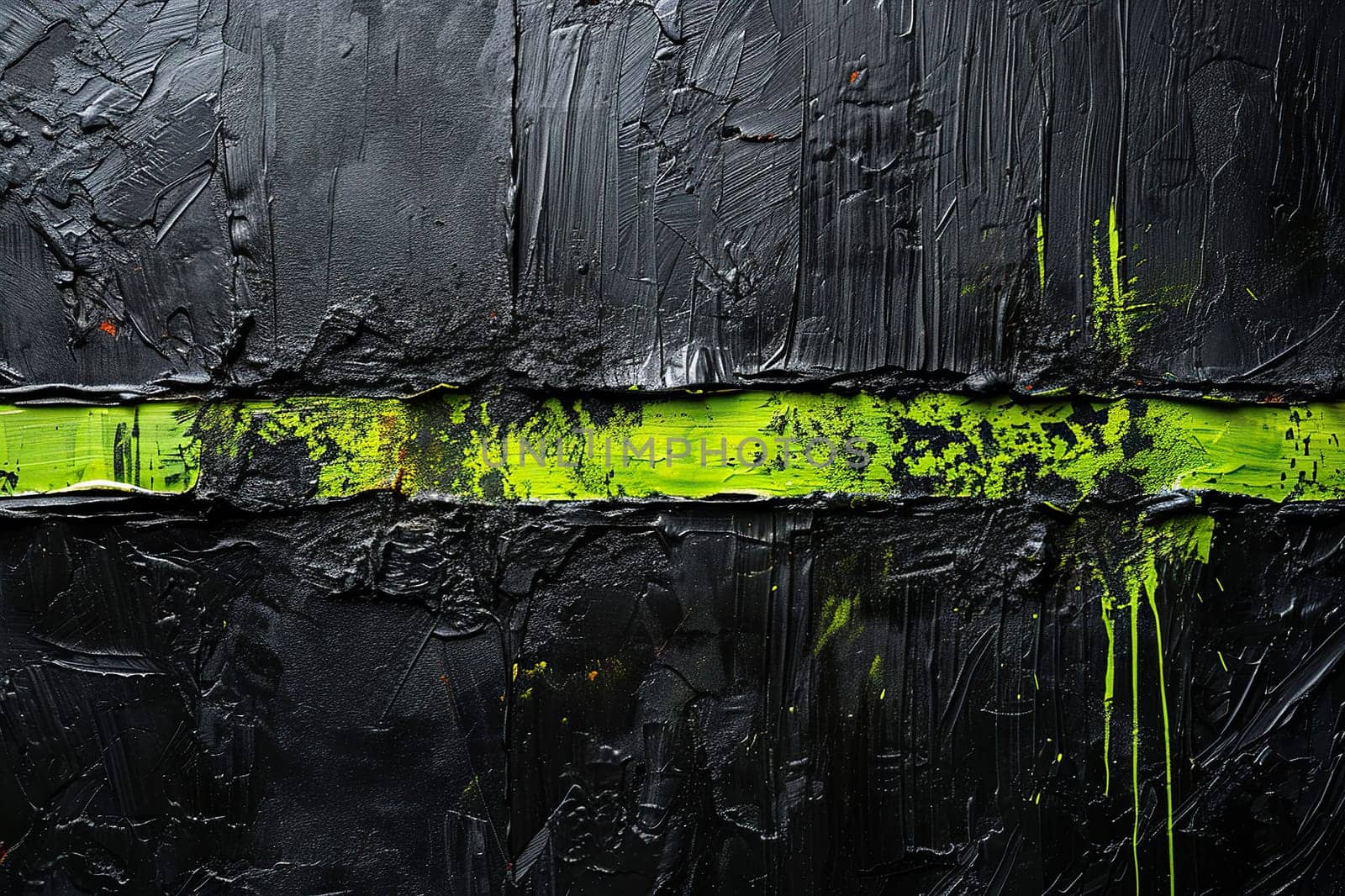 A wall painted black with a green stripe in the middle. Horizontal background with space for text. Generated by artificial intelligence by Vovmar