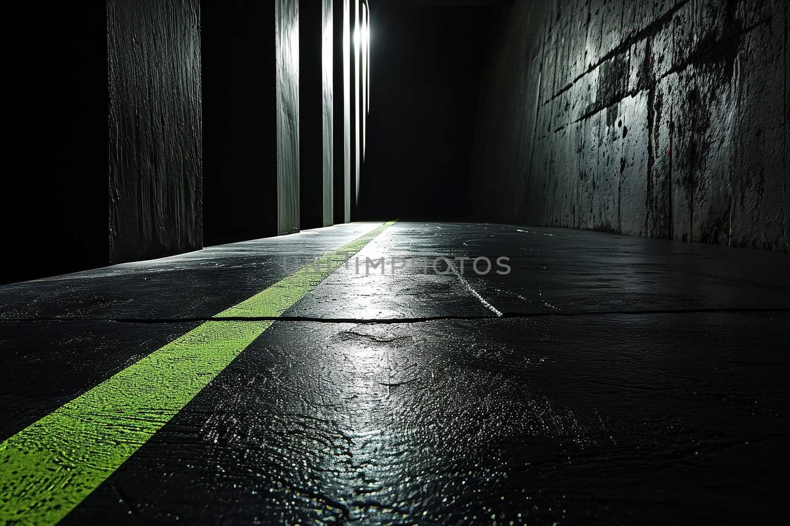 Empty dark concrete grunge corridor with a green stripe on the floor. Generated by artificial intelligence by Vovmar