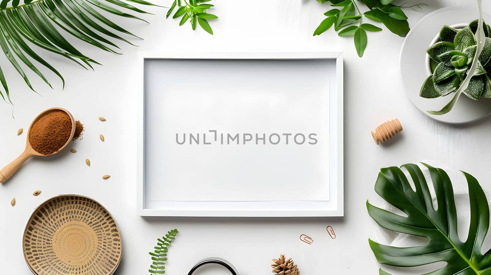 A rectangular white frame sits on a white table adorned with tropical leaves and dishware, creating a natural setting for displaying serveware and recipe ingredients