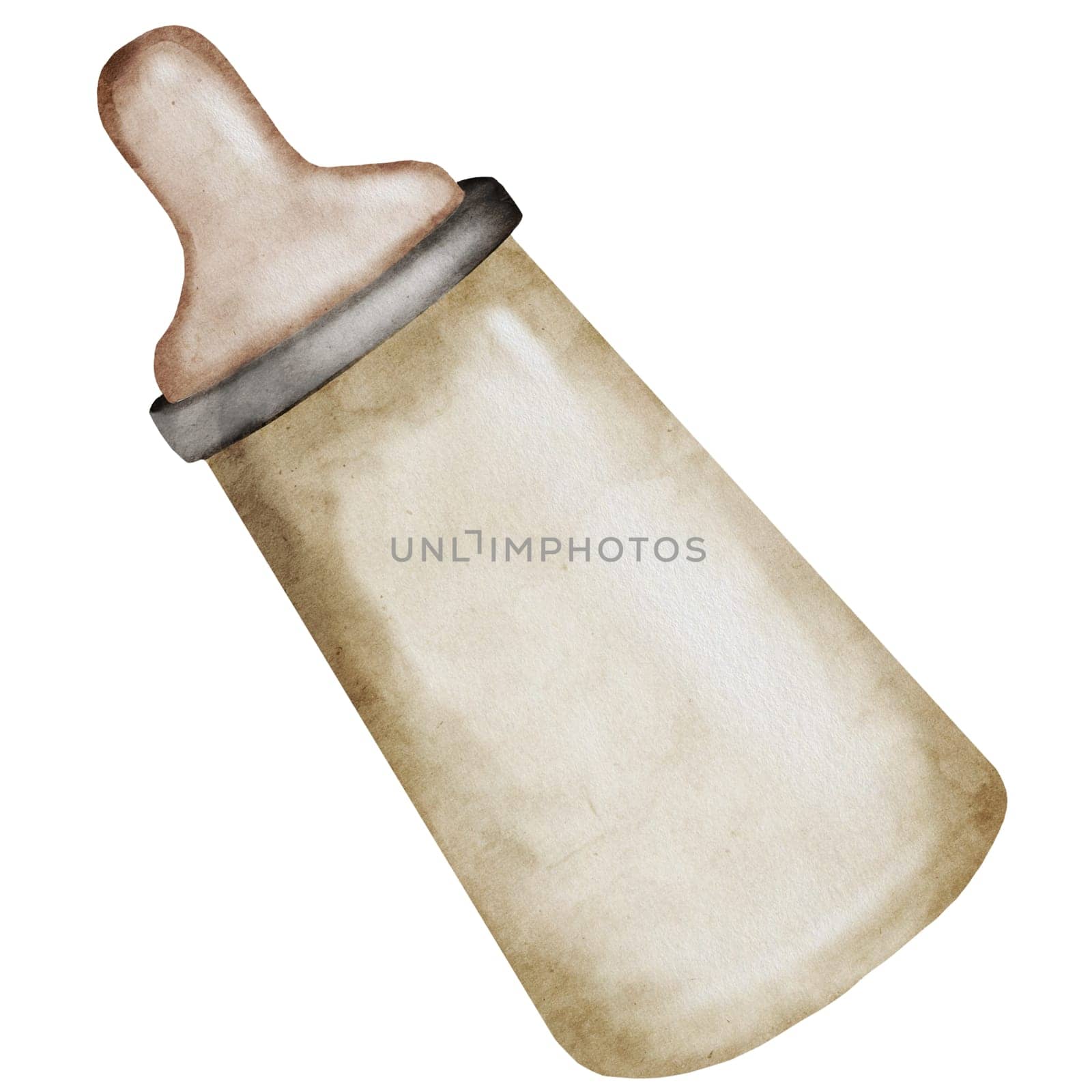 Baby milk bottle watercolor. Hand drawing isolated on a white background in beige color. Newborn feeding bottle in Scandinavian style. Ideal for birthday cards and invitations and baby showers. Children's accessories. High quality photo