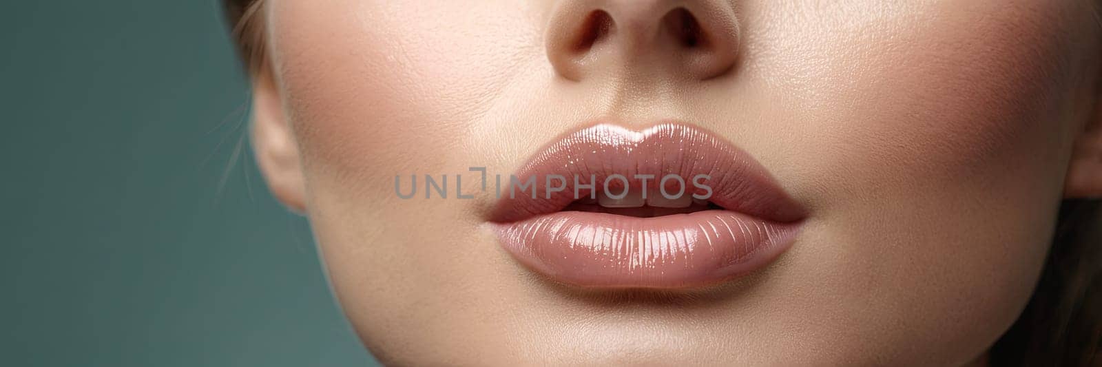 Close-up woman’s lower face, showcasing clear complexion against a blue background. Image captures detail of skin texture, lips, used for skin care promotion