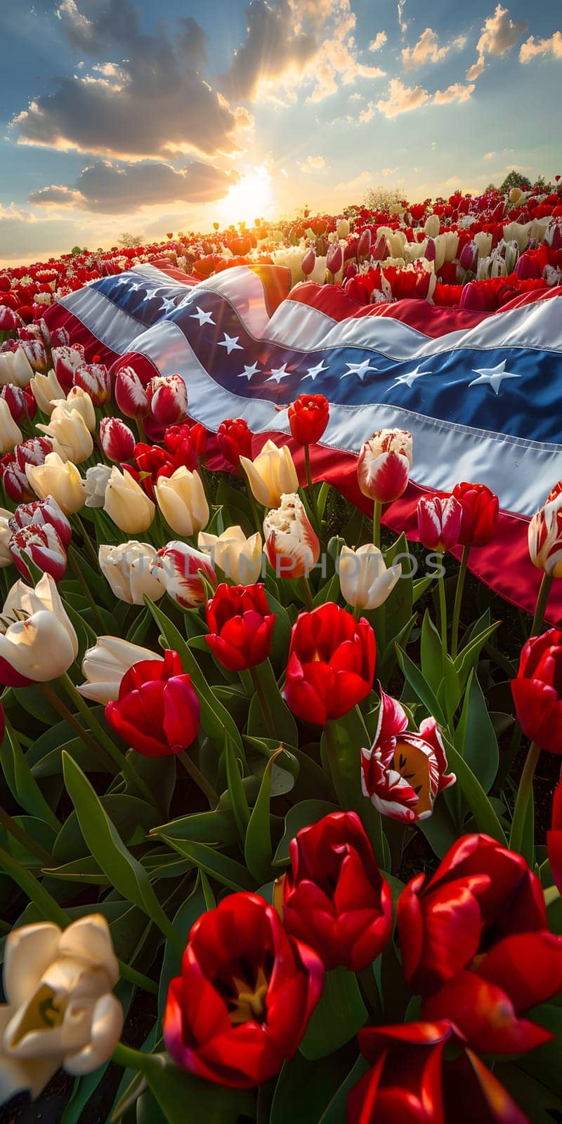 Field of red and white tulips with American flag in the background by Nadtochiy