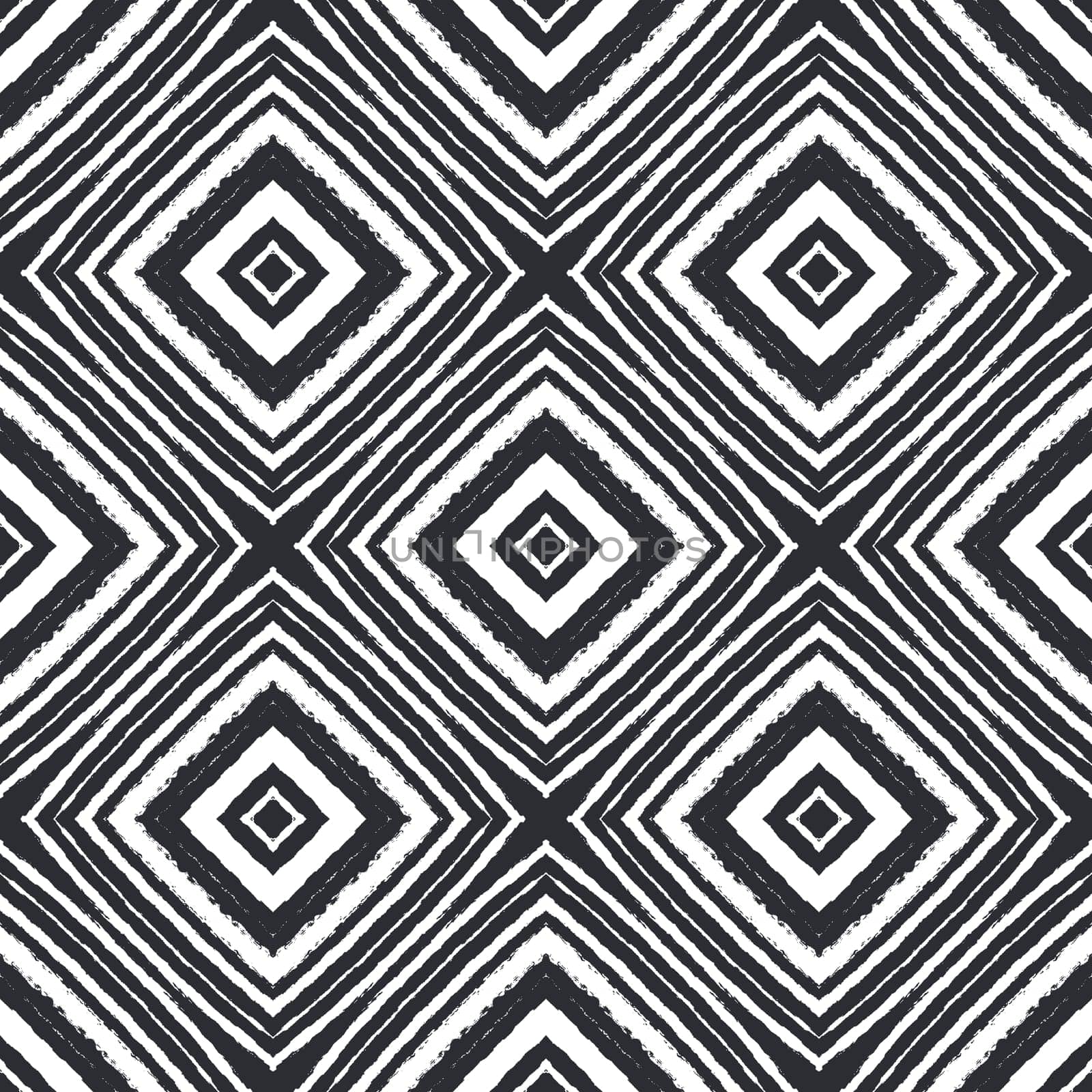 Ikat repeating swimwear design. Black symmetrical kaleidoscope background. Textile ready symmetrical print, swimwear fabric, wallpaper, wrapping. Summer ikat sweamwear pattern.